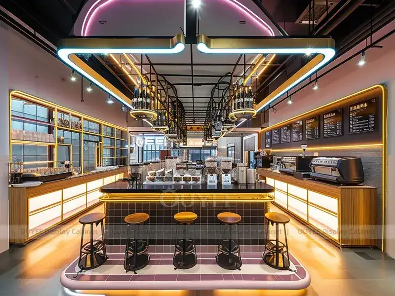 Bancone bar/chiosco in legno arancione con ripiani illuminati per bottiglie, ideale per bar di dessert e bevande. 1