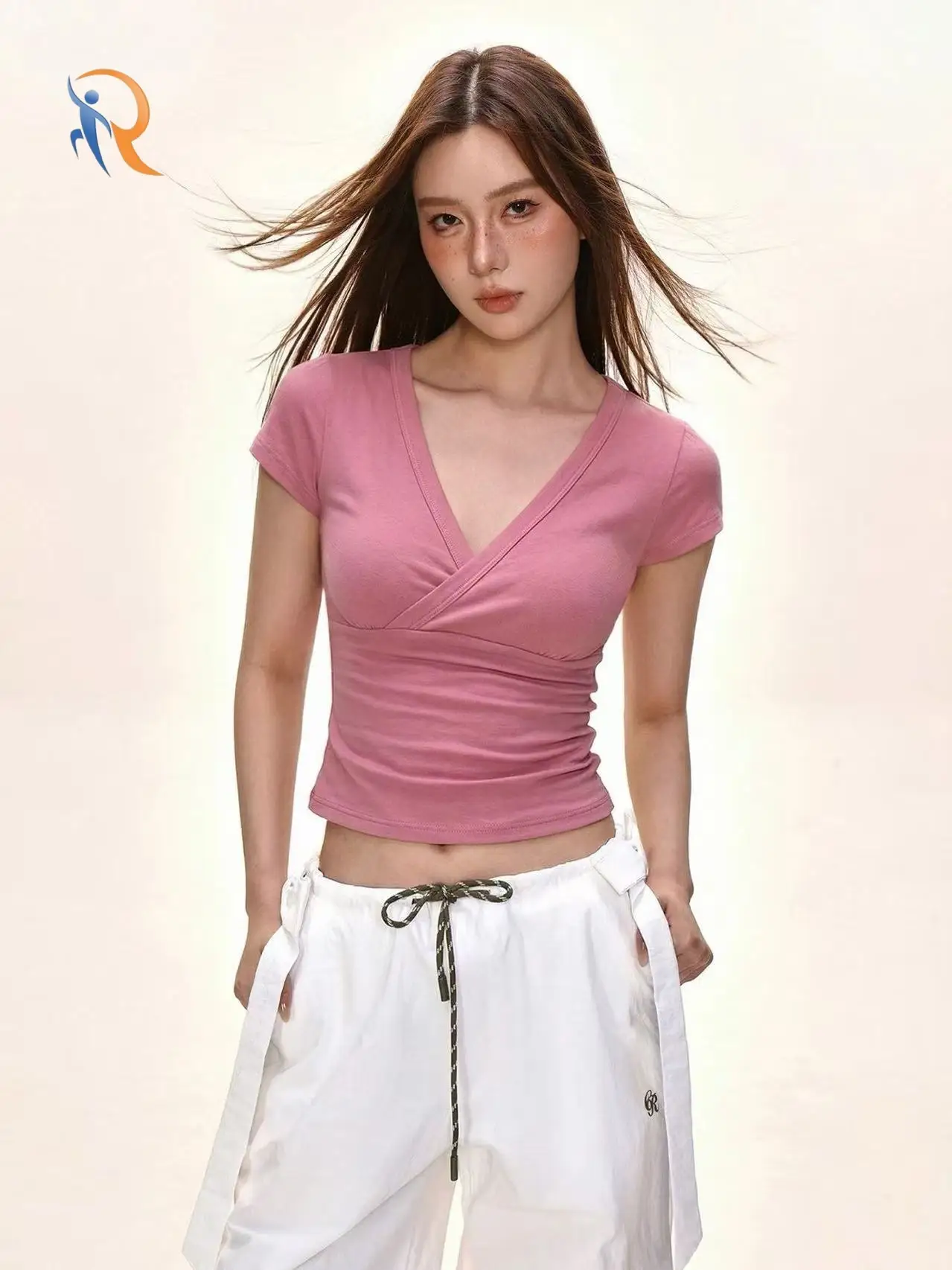 Tailored Slim Fit Short Sleeve V-Neck T-Shirt with Crossed Shoulders 1