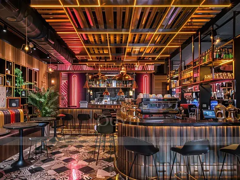 Comptoir de café couleur bois doré avec façade jaune et mur de bouteilles pour l'aménagement de salons de thé 1