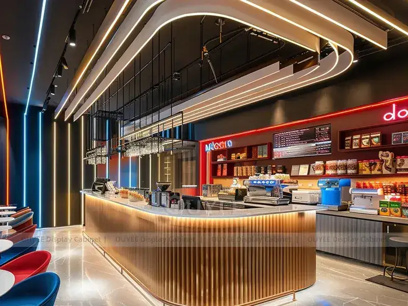 Balcão de quiosque de cafeteria em tom de madeira vermelha com vitrine curva para sobremesas e bebidas. 1