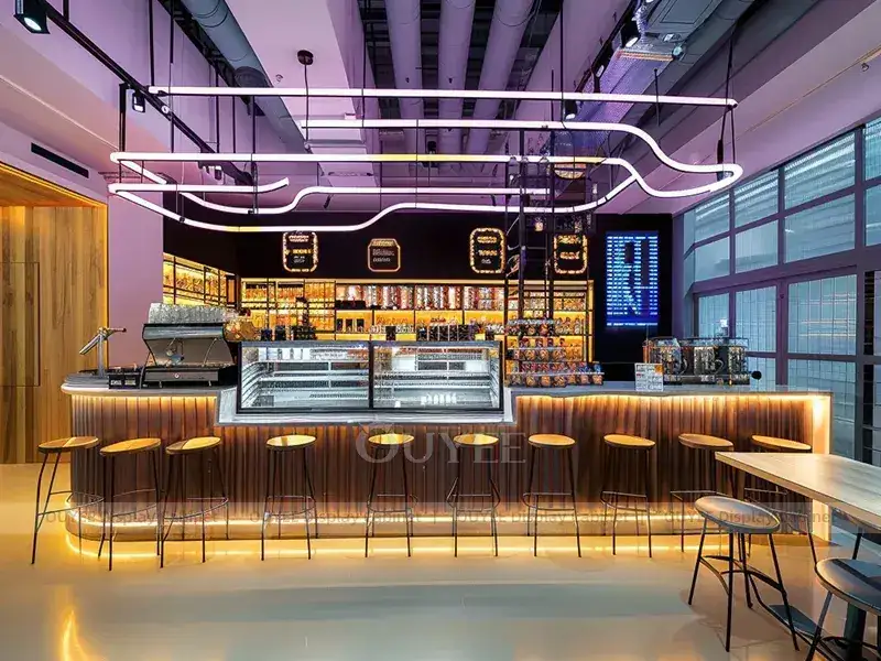 Comptoir de café orange ton bois avec bar à boissons lumineux pour îlots de service compacts 1