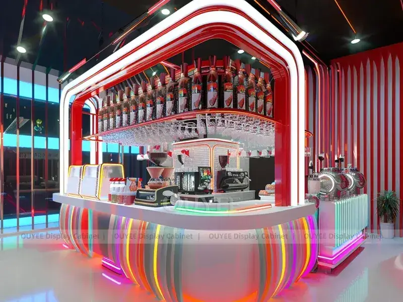 Comptoir de café orange aux tons boisés avec bar à boissons lumineux pour des espaces café haut de gamme 1