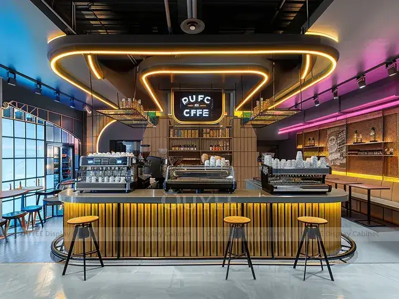 Bancone da bar/chiosco in legno arancione con schienale ad arco e display per menù, ideale per i banconi da bubble tea. 1