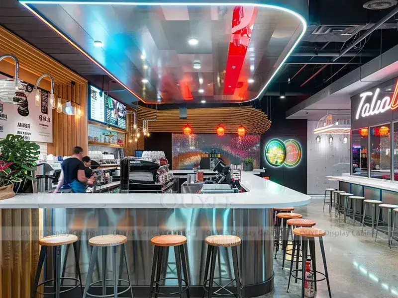 Wood Tone Orange Coffee Shop Kiosk Counter With Bright Beverage Service Bar For Open Counter Layouts 1