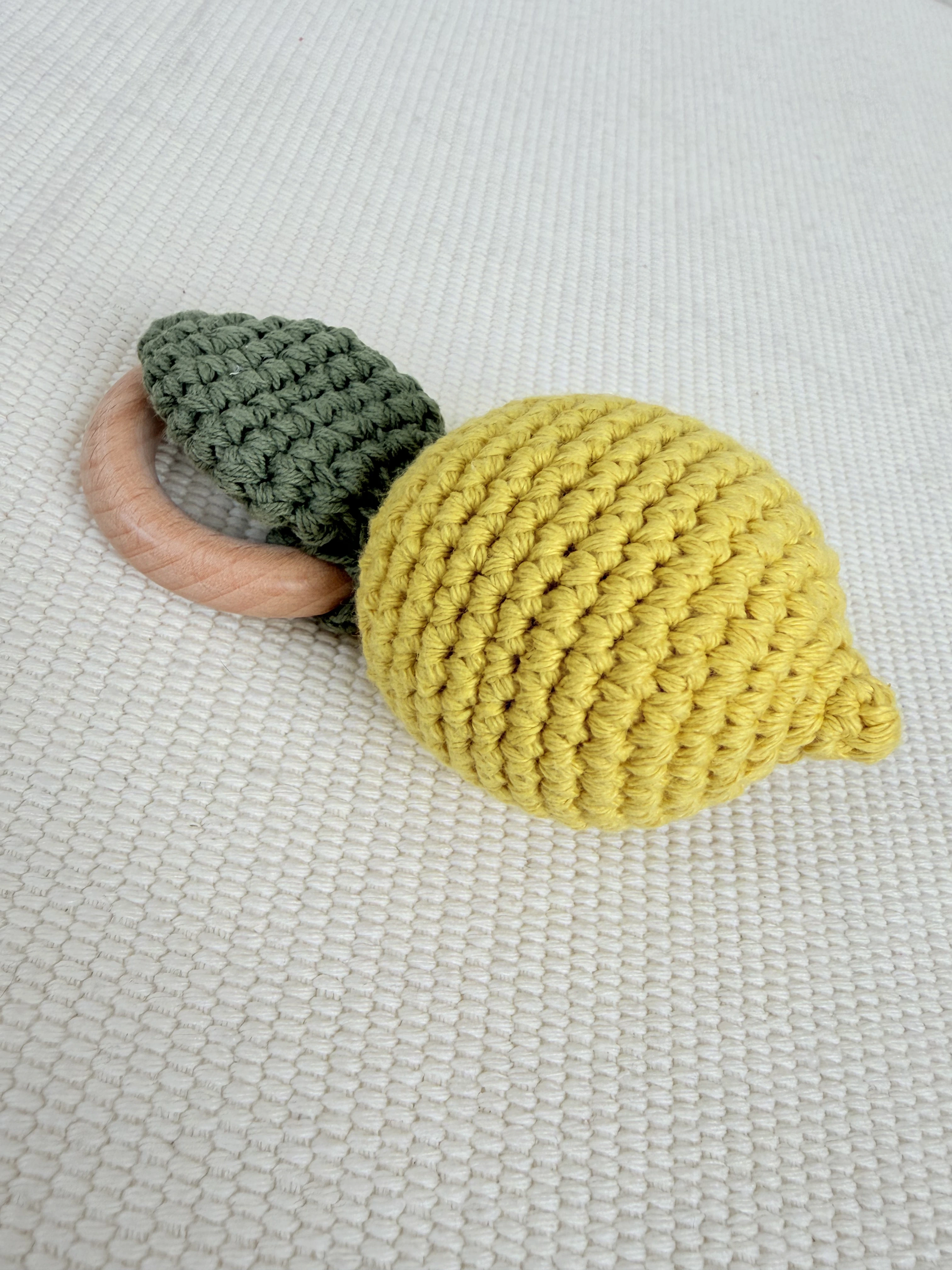 Handmade Crochet Lemon Fruit Teething Rattle Bell | Natural Wooden Ring Baby Sensory Toy for 3M+ Infants 1
