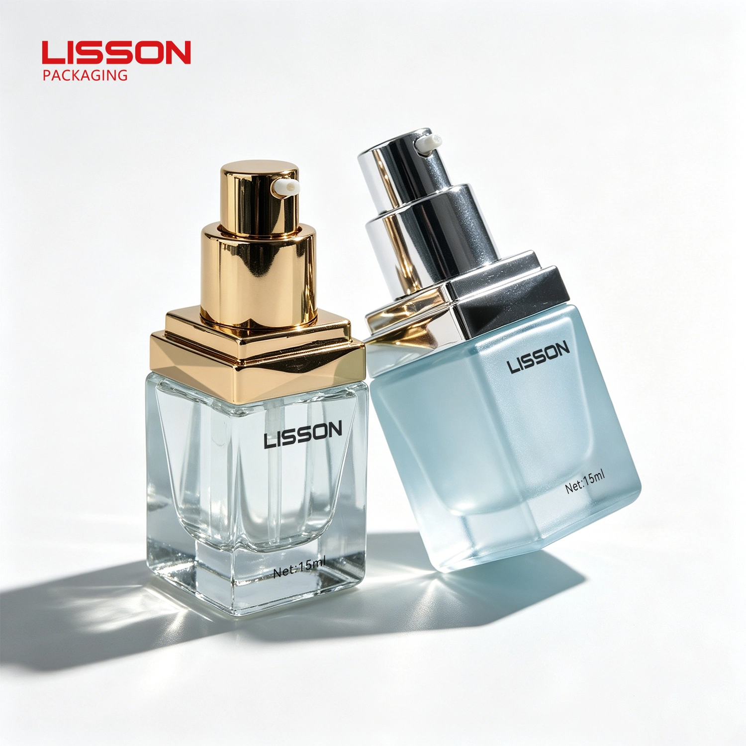15ml Square Glass Cosmetic Bottle with Diamond-Shaped Shoulder Collar & ABS Pump 1