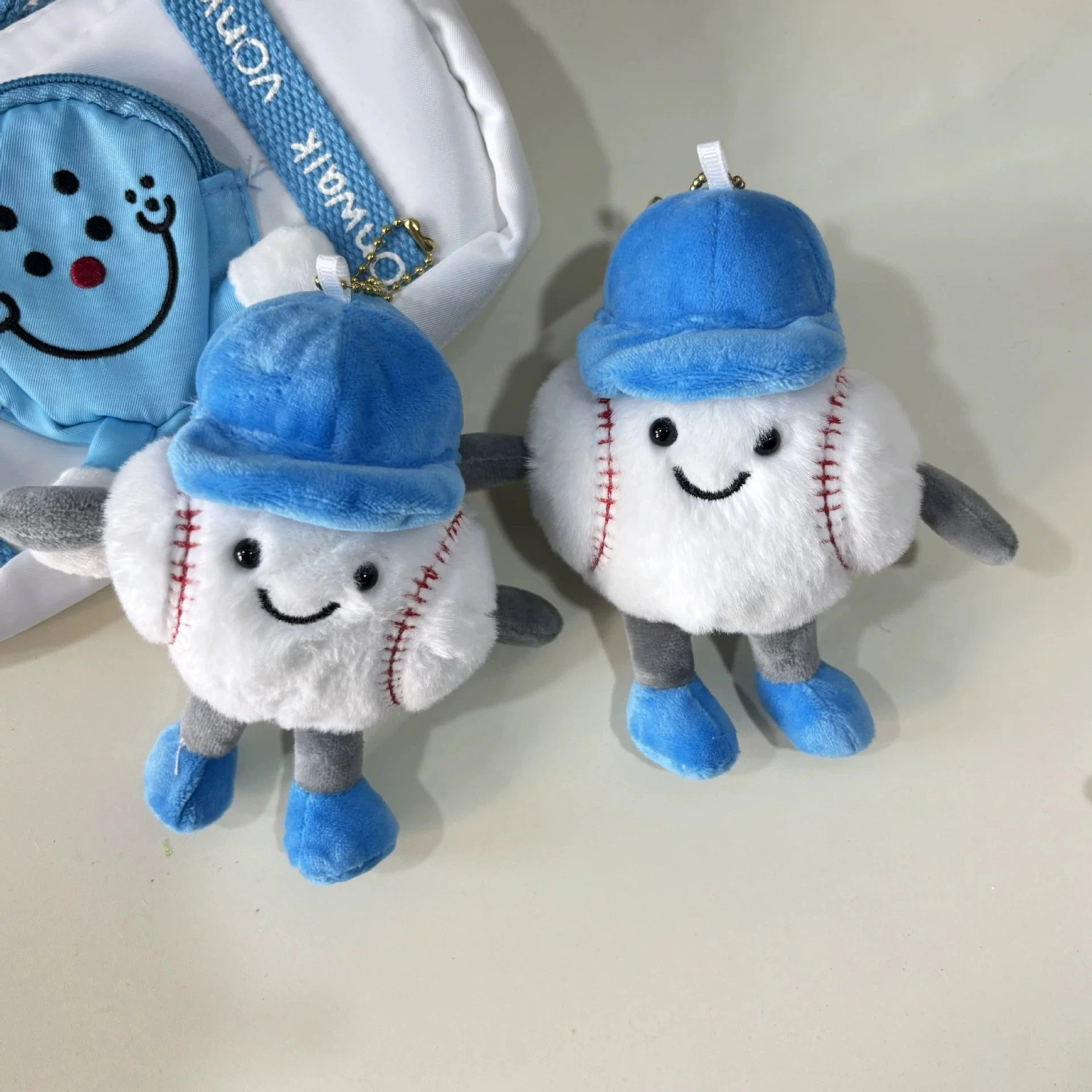 Cute Baseball Plush Keychain, Kawaii Baseball with Blue Cap Bag Charm 1