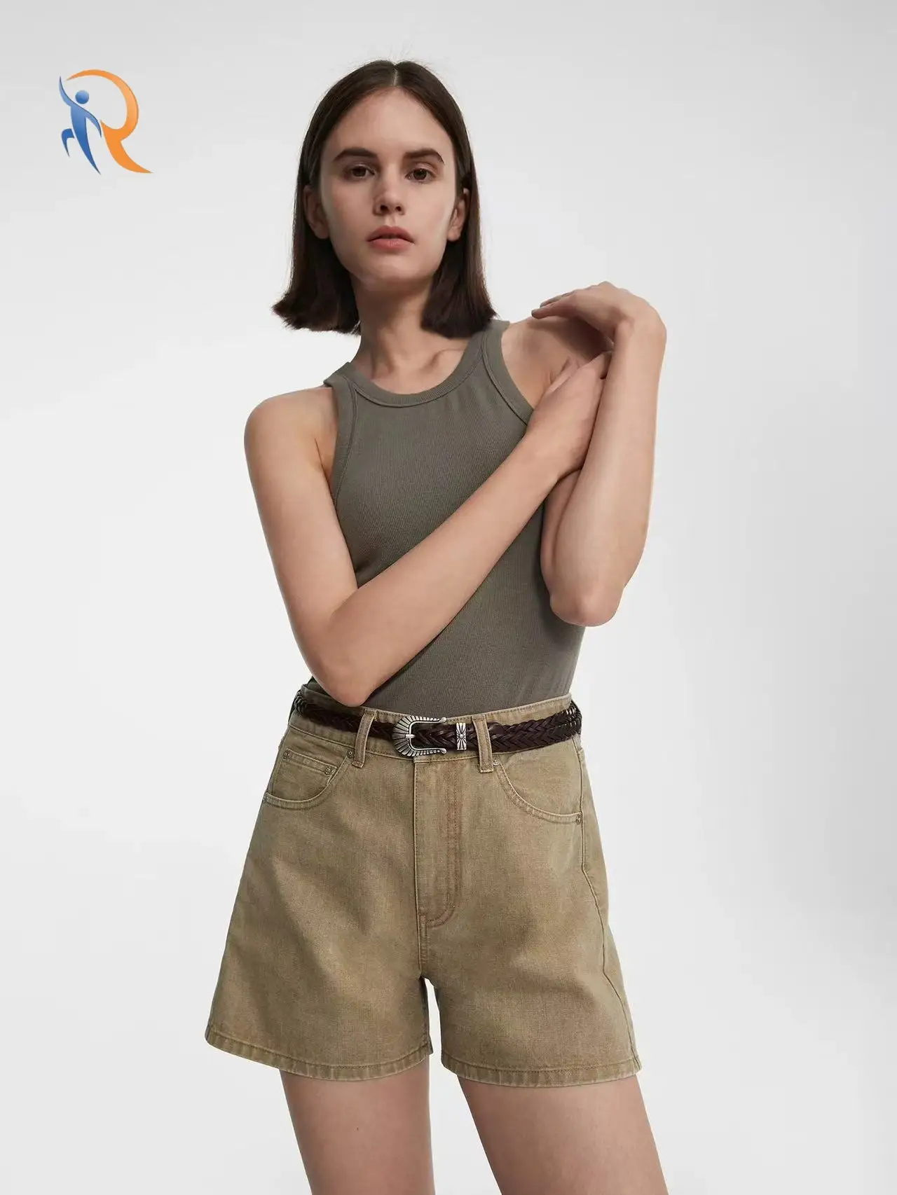 Retro Khaki A-Line Denim Shorts 1
