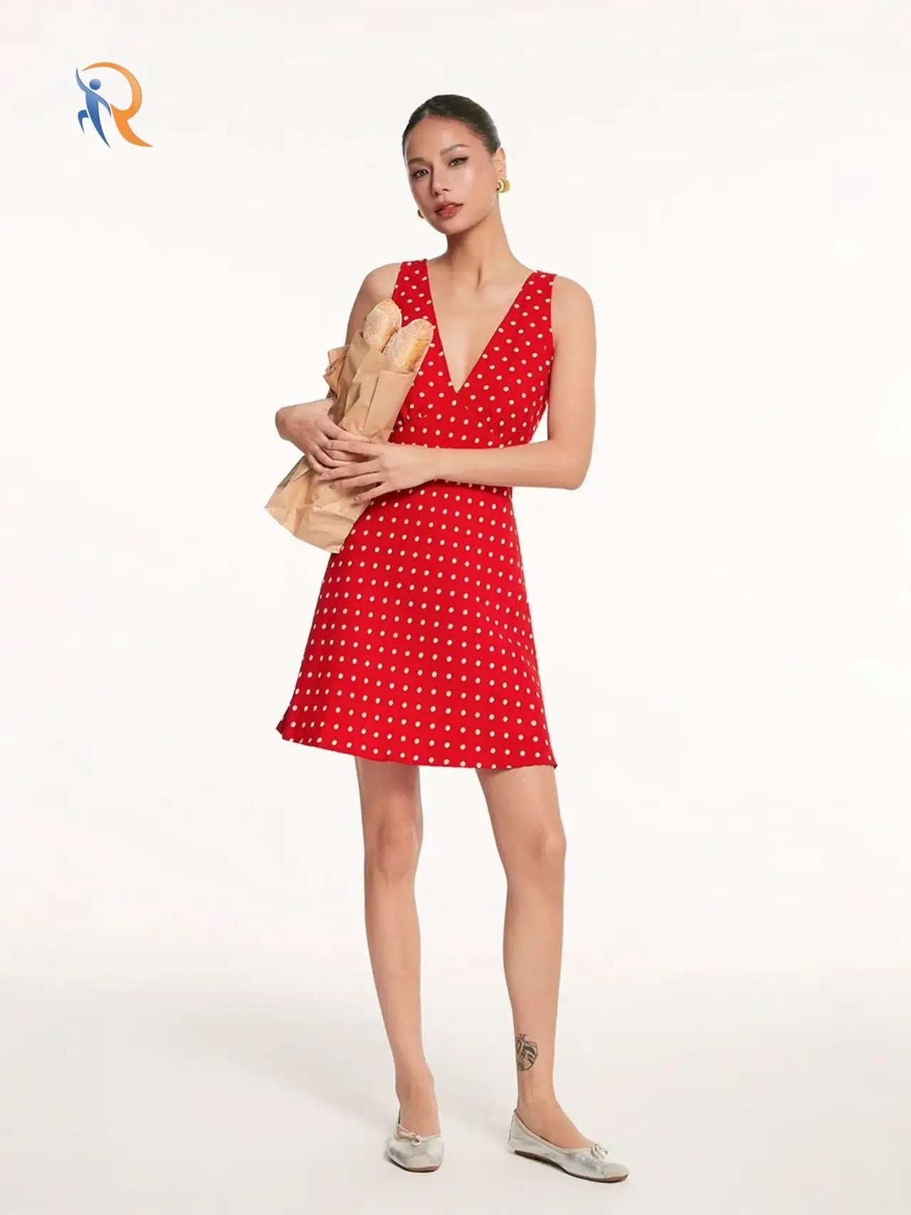 Red V-Neck Polka Dot Sleeveless Backless Dress 1