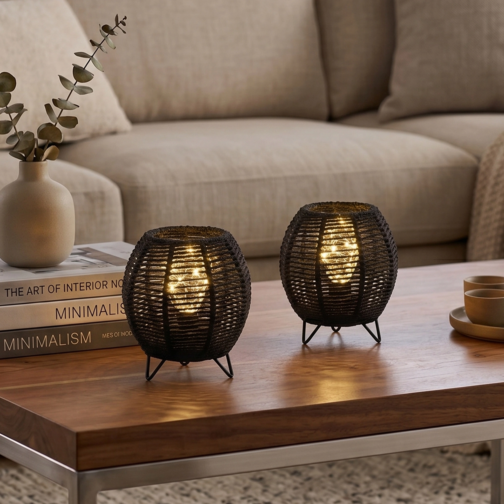 Lámparas modernas de pilas con cuerda negra tejida – Juego de 2 faroles LED de ambiente 1