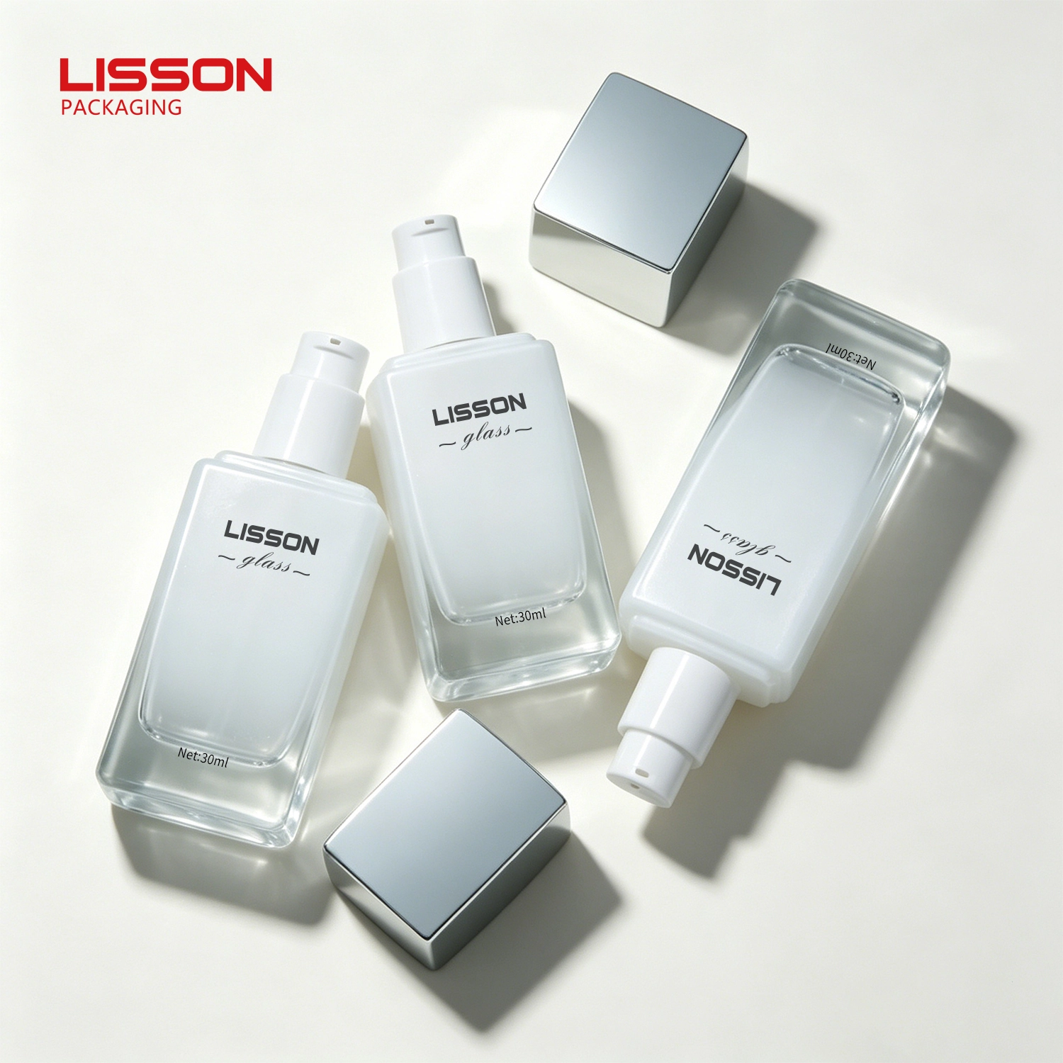 30ml Flat Square Tapered Glass Serum Bottle | ABS Cap & PP+PE Pump 1