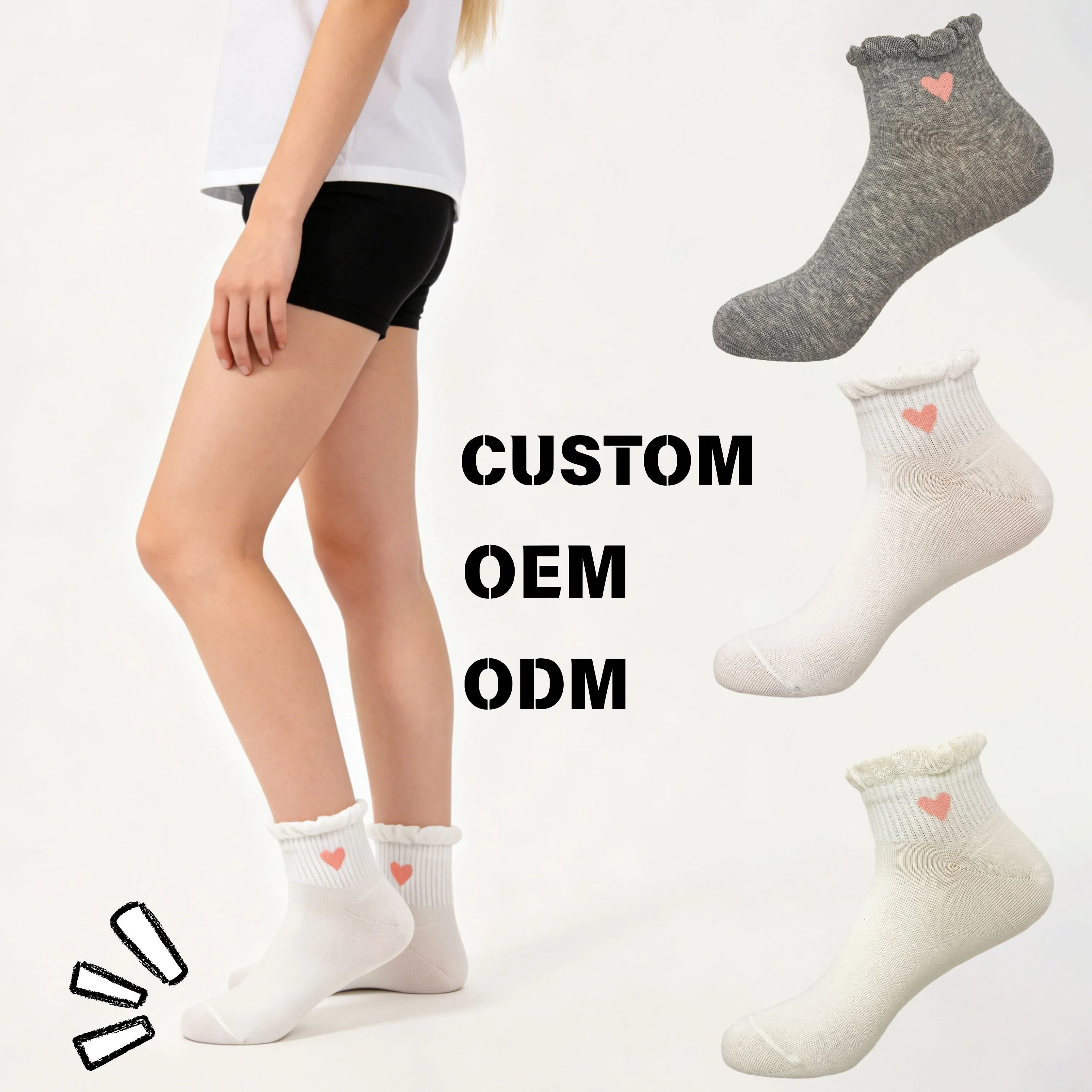 Calcetines tobilleros de punto transpirables personalizados para mujer, ideales para primavera y verano, con volantes y uso diario, con logotipo en el cuerpo, puño y suela (HY-W-141). 1
