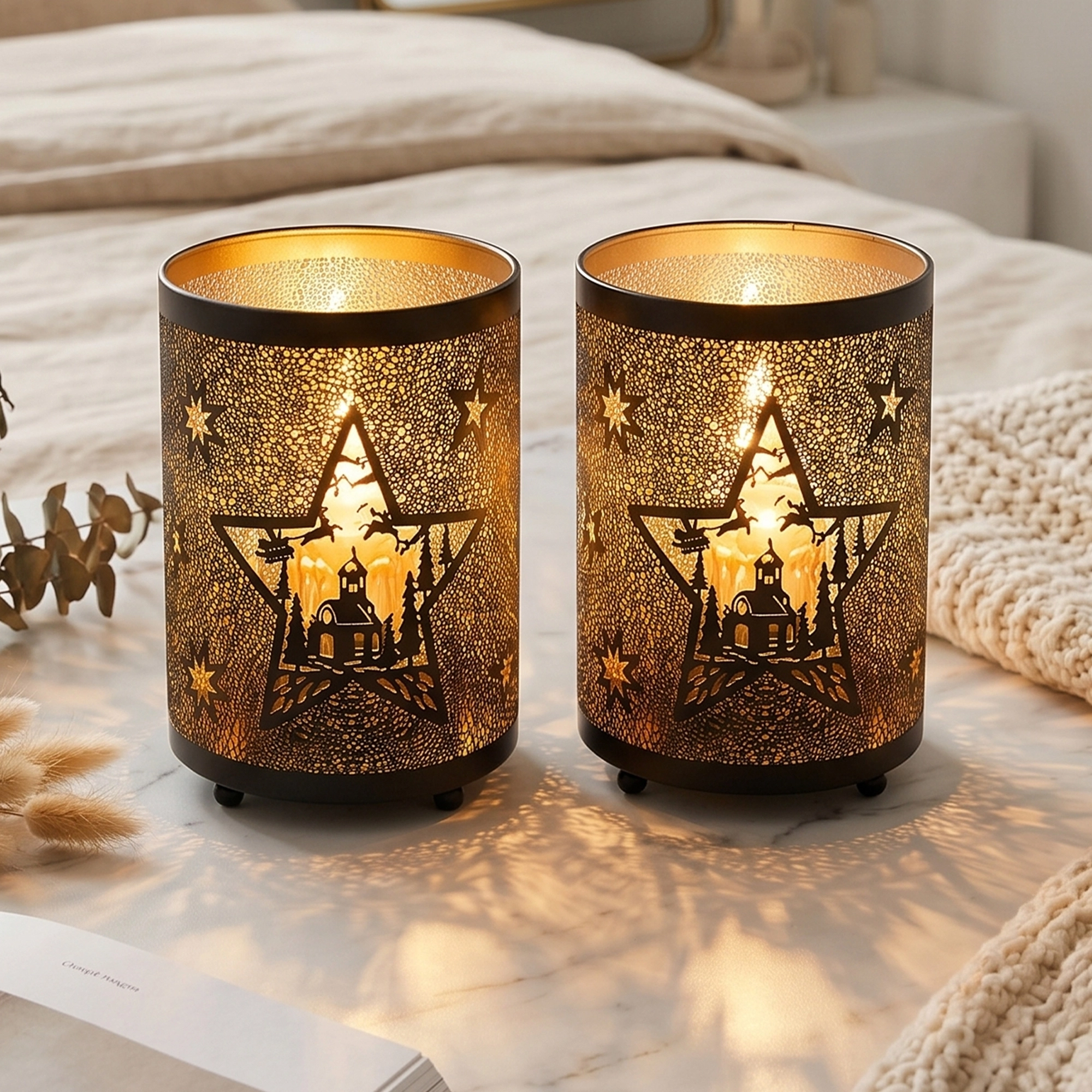 Conjunto de 2 lanternas vintage pretas e douradas a bateria – Luminárias de mesa decorativas com LED 1