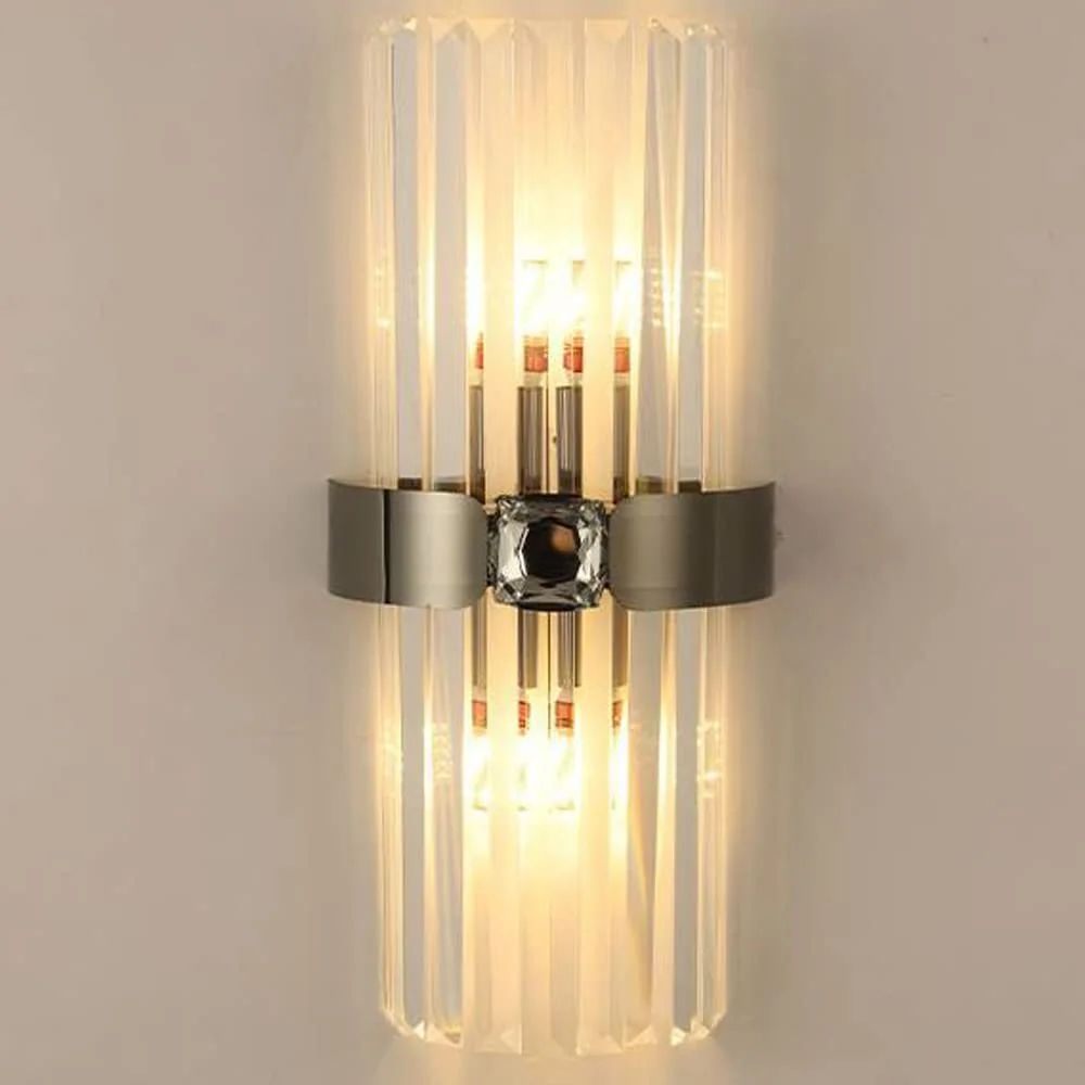 Vertical Crystal Rod Wall Sconce Central Gem Accent Metal Band LED Wall Lamp HTD-IWCR400A103 1