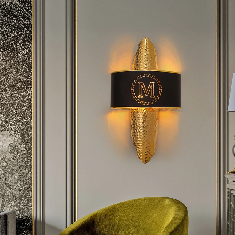 Modern Hammered Gold Torch-Shaped Wall Sconce with Monogrammed Band LED Wall Lamp HTD-IWM400A46 1
