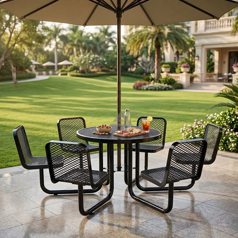 Table d'extérieur commerciale 6 places en métal avec trou pour parasol 1