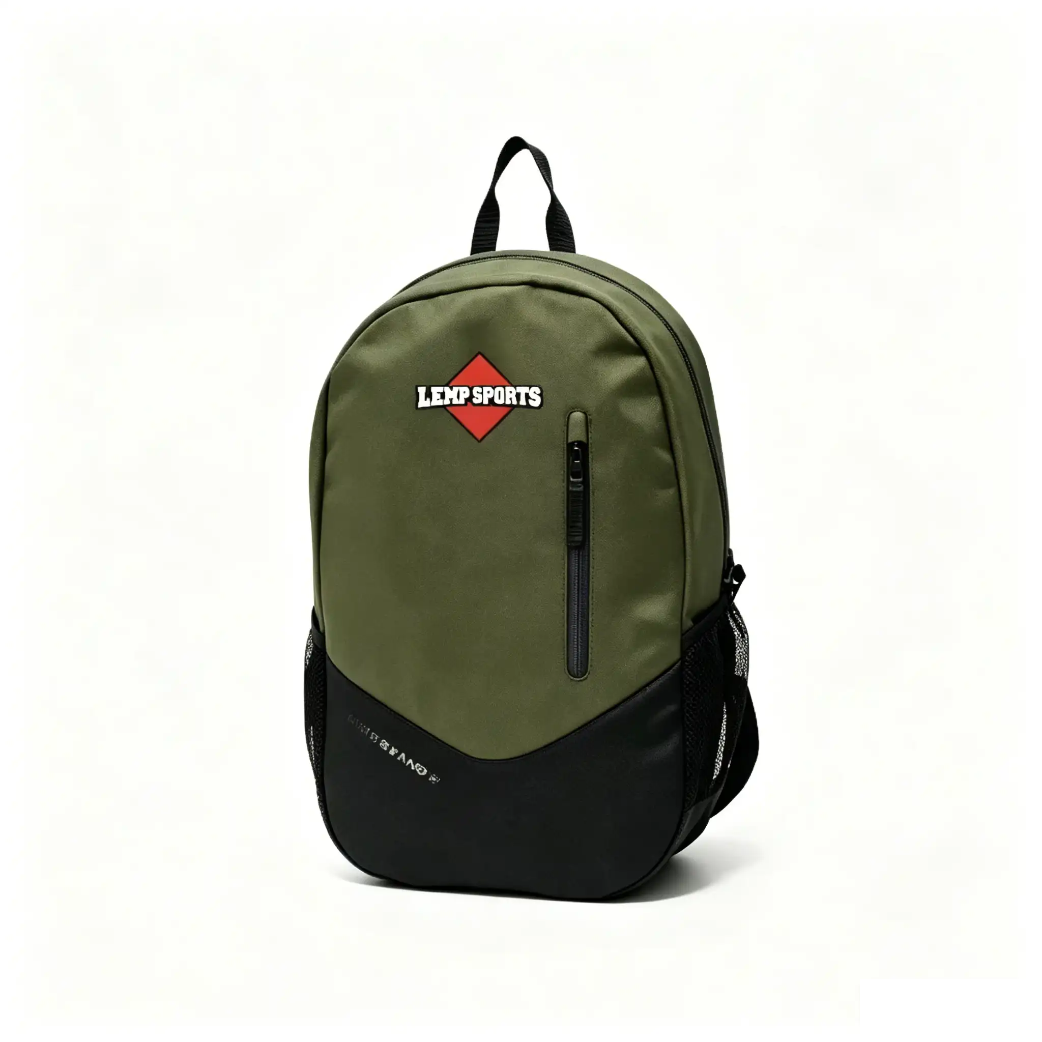 4.	Olive green ODM lightweight commute backpack with black bottom panel, front view
