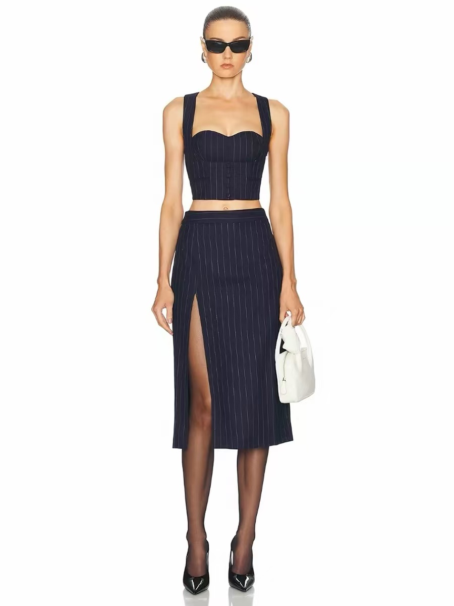 Slim-Fit Strap Top with Slit Midi Skirt Set 2