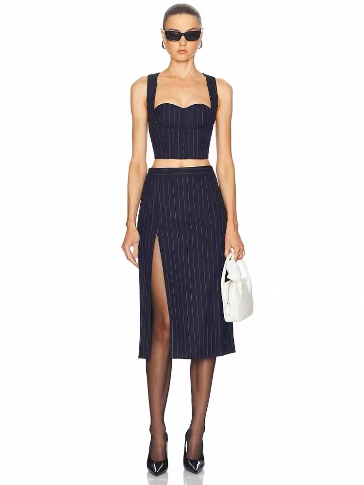 Slim-Fit Strap Top with Slit Midi Skirt Set 4