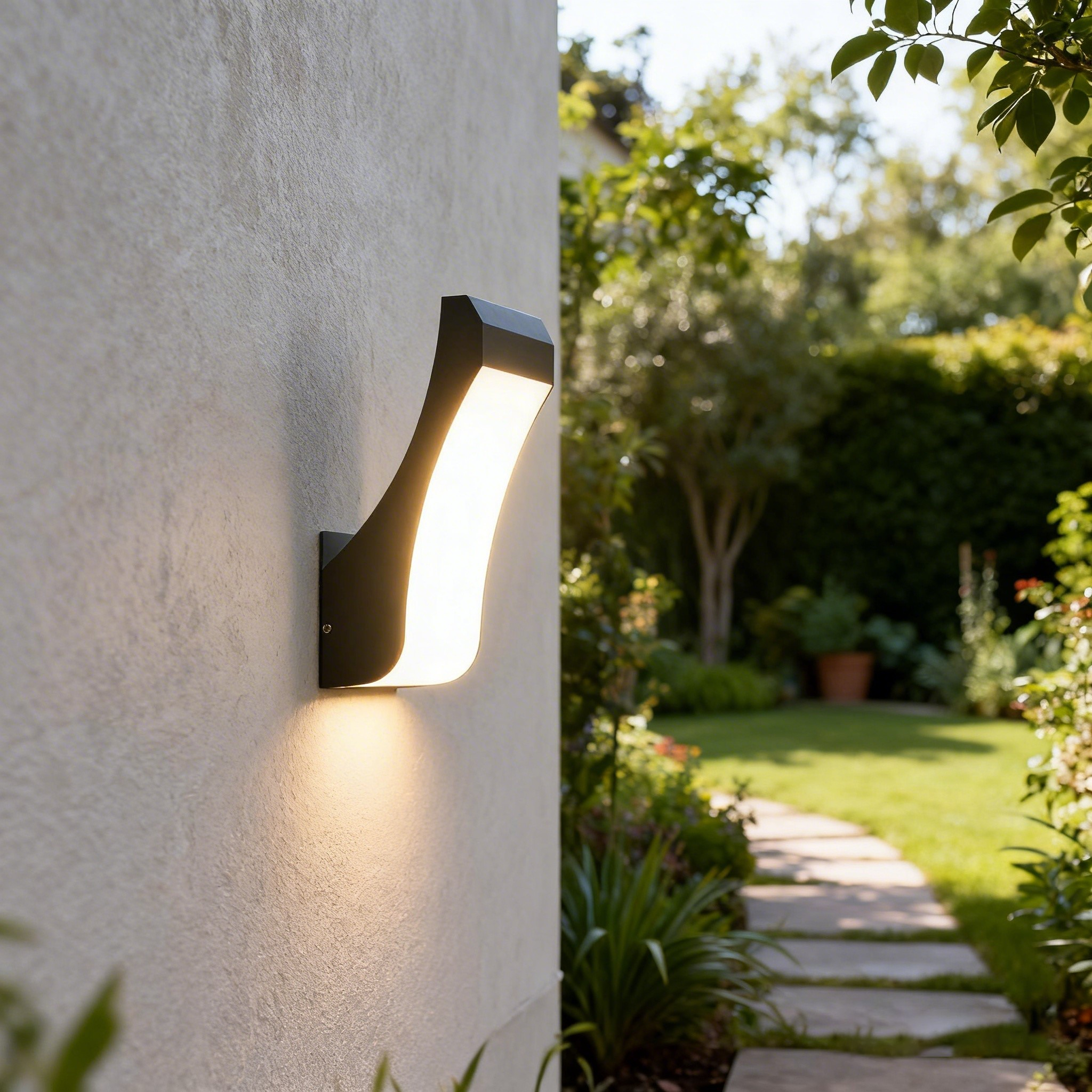 Aplique de pared exterior curvo moderno, diseño fluido con panel luminoso frontal completo, negro, blanco y gris, HTD-EW5201 8