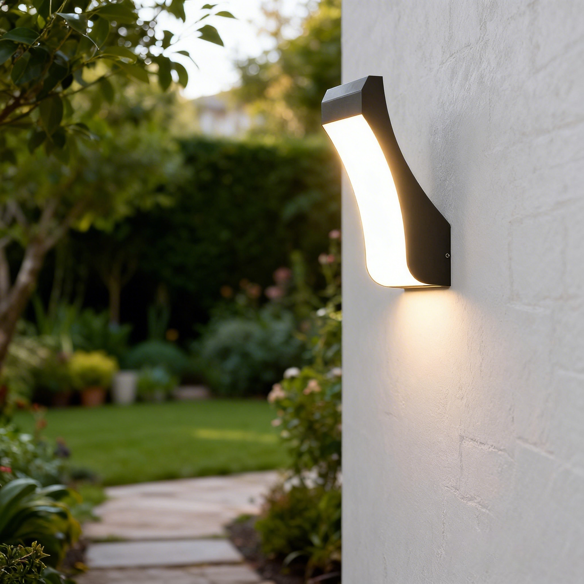 Aplique de pared exterior curvo moderno, diseño fluido con panel luminoso frontal completo, negro, blanco y gris, HTD-EW5201 7