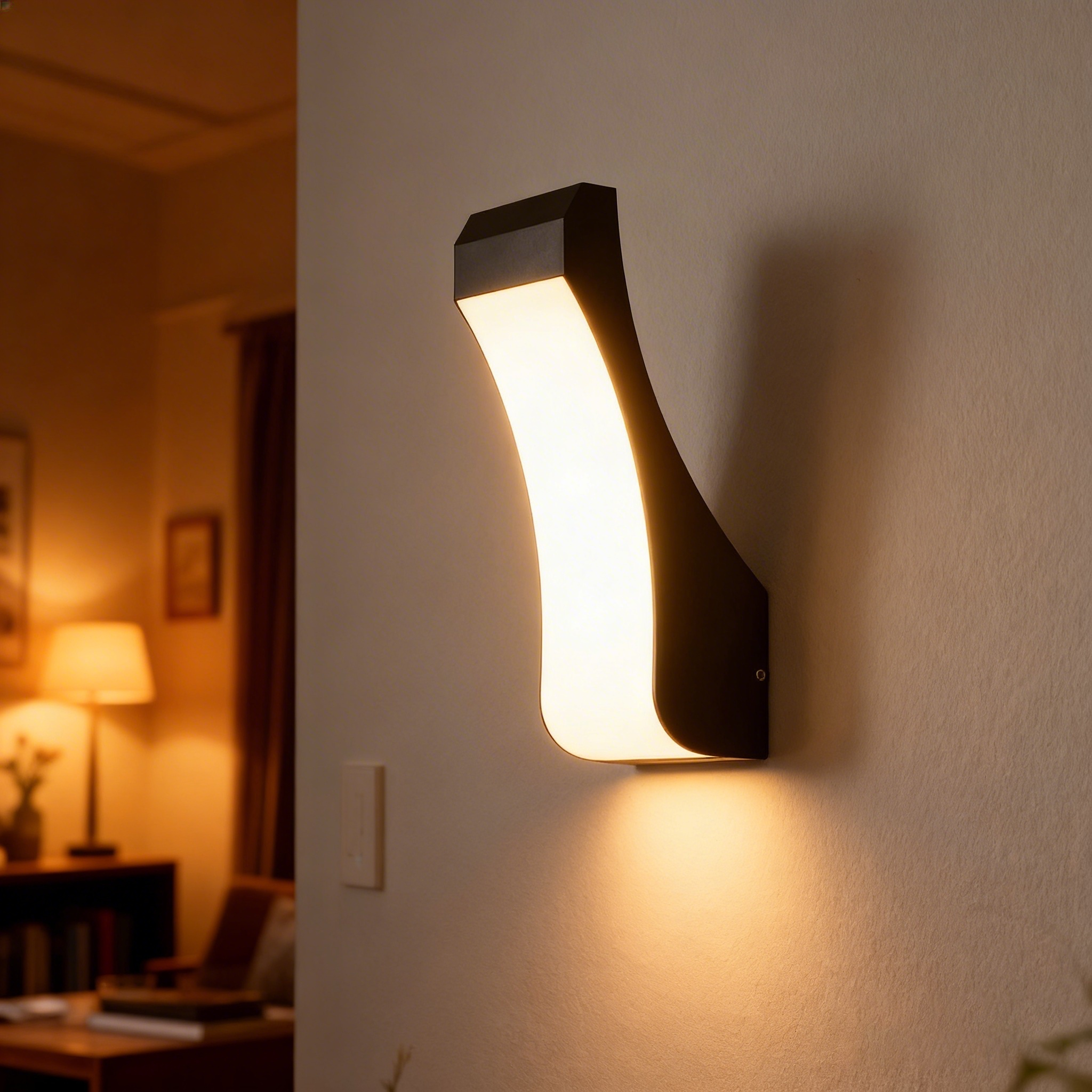Aplique de pared exterior curvo moderno, diseño fluido con panel luminoso frontal completo, negro, blanco y gris, HTD-EW5201 6