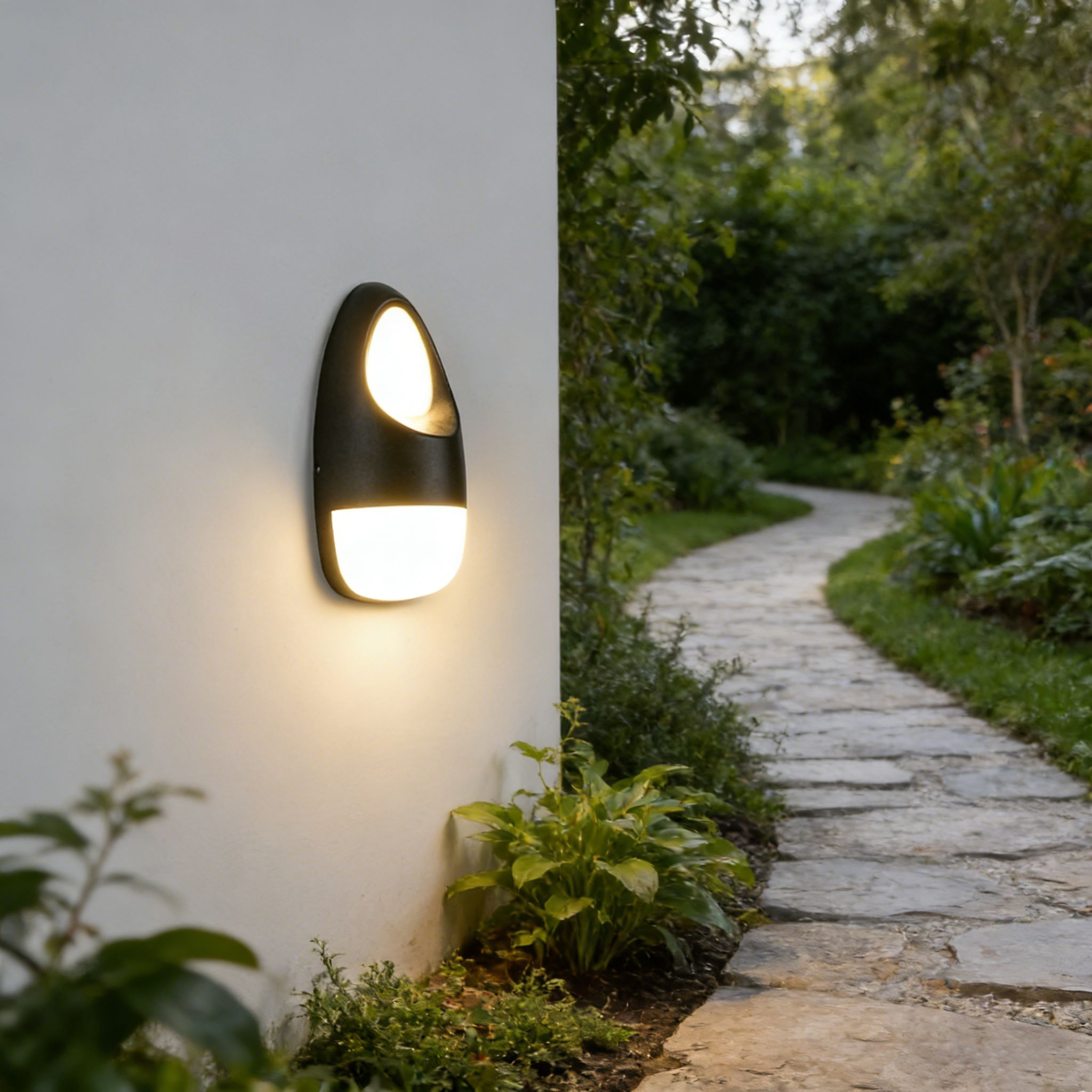 Aplique de pared exterior moderno con forma de gota, diseño ovalado con brillo superior y recorte central, negro, blanco y gris, HTD-EW5603 9