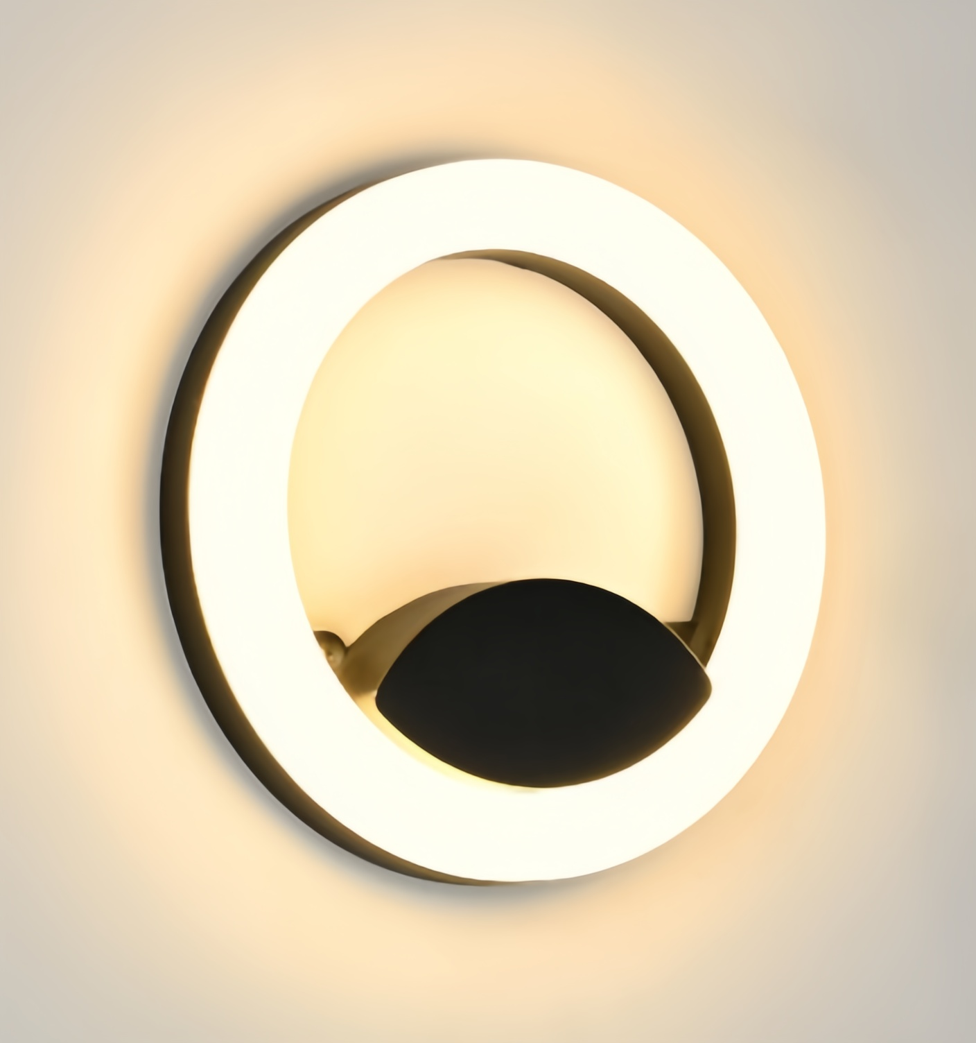 Aplique de pared exterior moderno con anillo circular, aro iluminado con base semicircular, negro, blanco y gris, HTD-EW4111 1