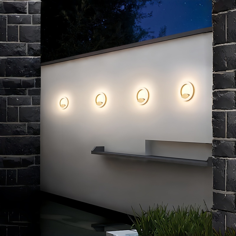 Aplique de pared exterior moderno con anillo circular, aro iluminado con base semicircular, negro, blanco y gris, HTD-EW4111 3