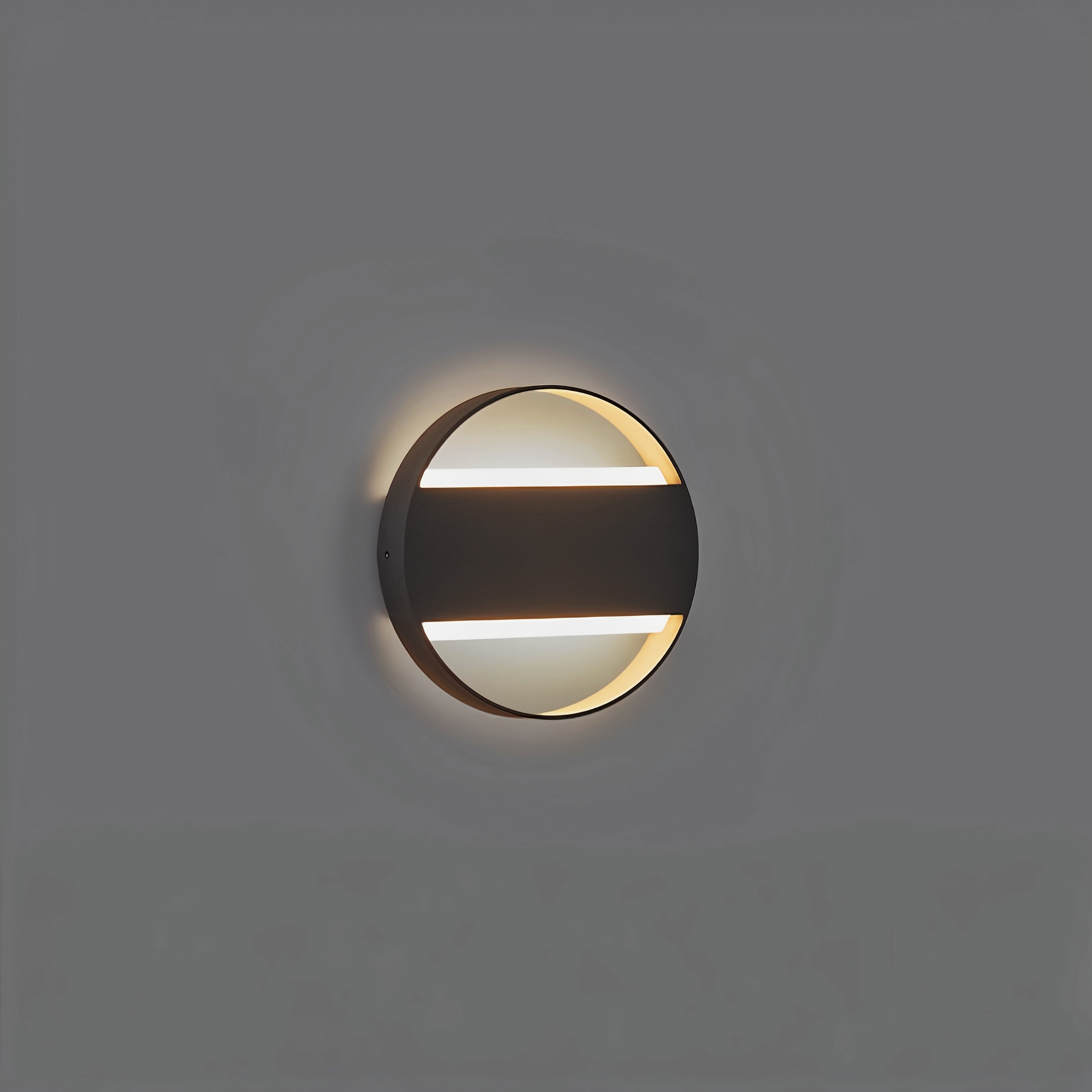 Aplique de pared exterior moderno de doble ranura, cuerpo redondo con líneas luminosas superior e inferior, negro, blanco y gris, HTD-EW4113 2