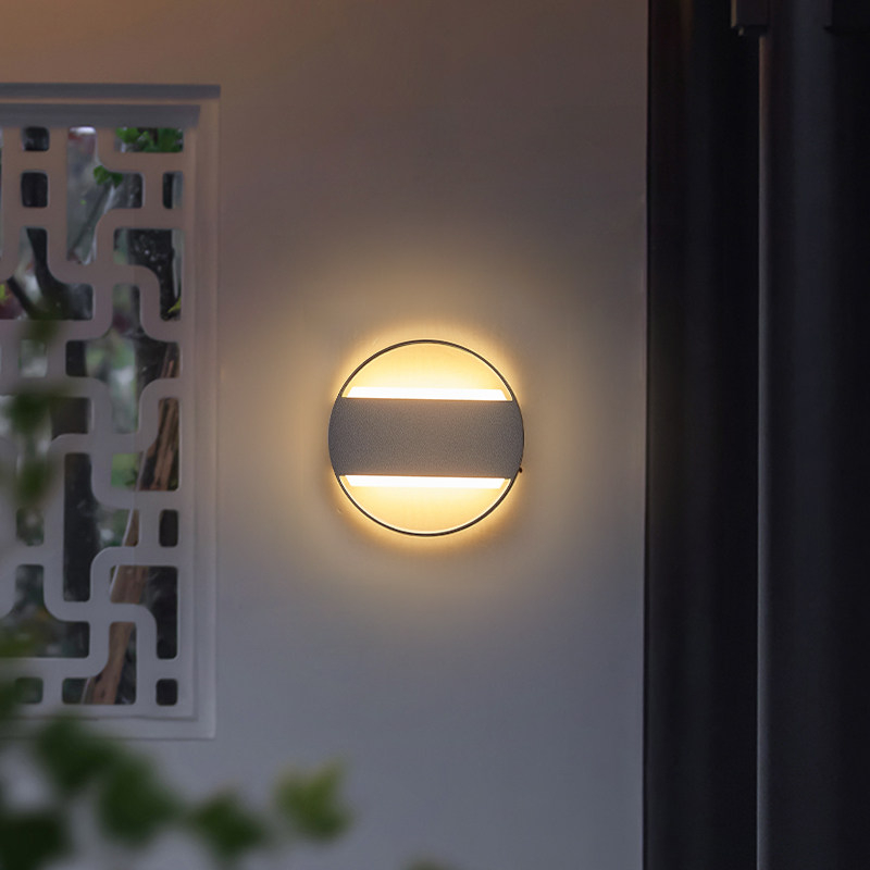 Aplique de pared exterior moderno de doble ranura, cuerpo redondo con líneas luminosas superior e inferior, negro, blanco y gris, HTD-EW4113 1