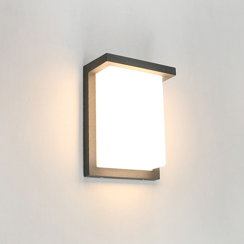 Aplique de pared exterior moderno de marco cuadrado, cuerpo negro con panel luminoso grande, negro, blanco y gris, HTD-EW4426-6 1