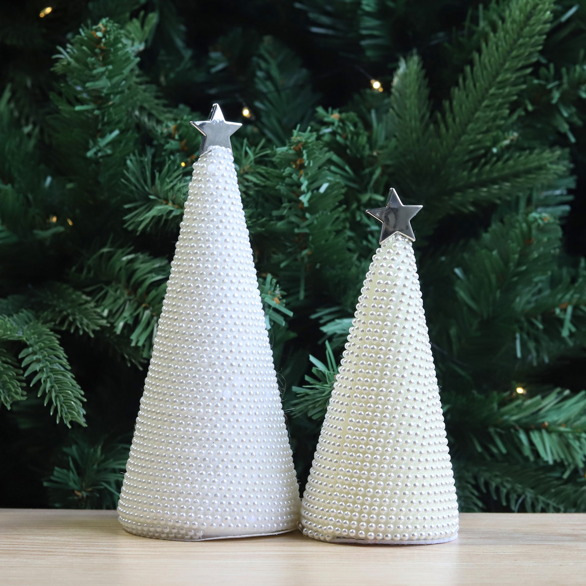 Adorno navideño personalizado de mesa con forma de cono de espejo, perlas y diamantes de imitación, mini decoración navideña de espuma para el hogar y escritorio con estrella en la parte superior. 5
