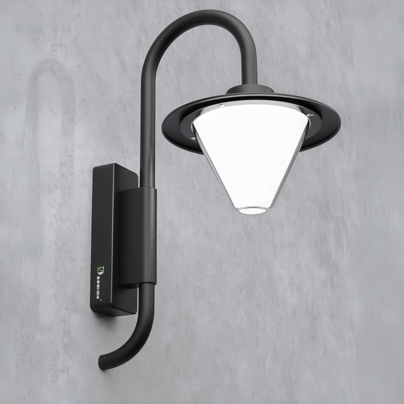 Modern Curved Arm Outdoor Wall Light, Black Gooseneck Design with Cone-Shaped Glow Shade, Black White Grey, HTD-EW4513 1