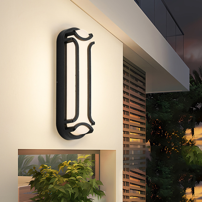 Applique murale extérieure ovale allongée moderne, structure capsule noire avec supports périphériques et extrémités incurvées, noir, blanc et gris, HTD-EW4211-3 2