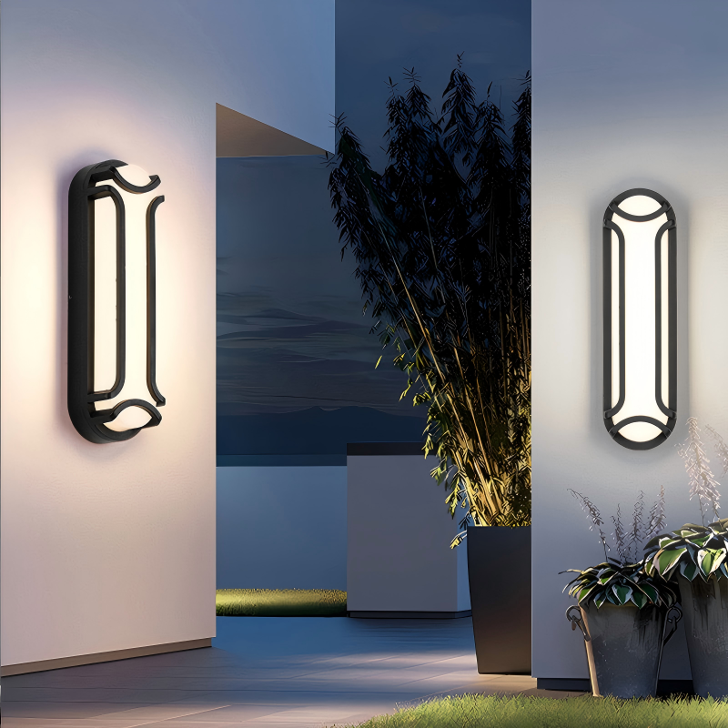 Applique murale extérieure ovale allongée moderne, structure capsule noire avec supports périphériques et extrémités incurvées, noir, blanc et gris, HTD-EW4211-3 6