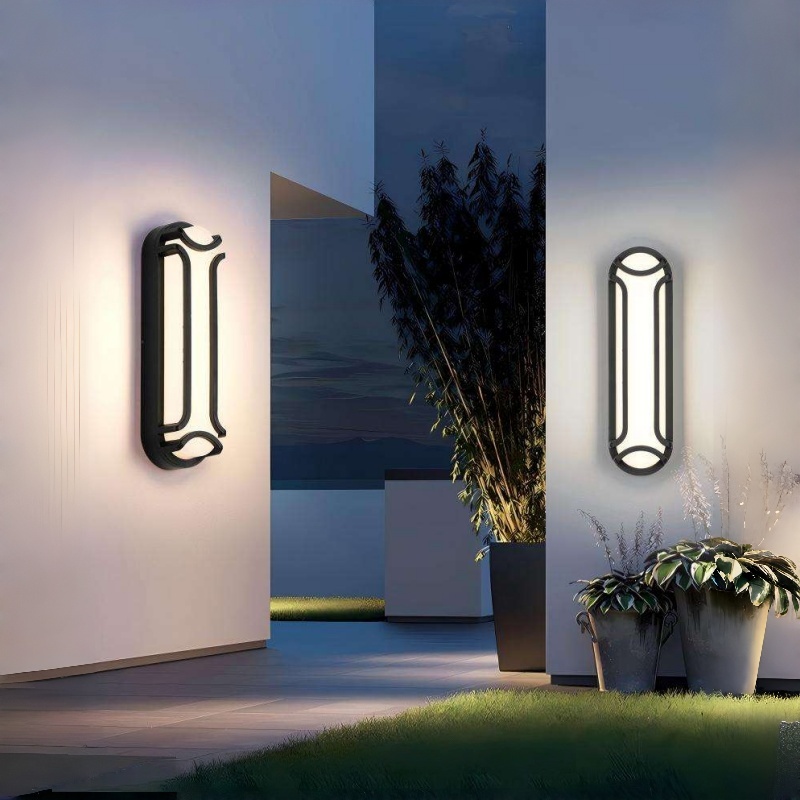 Applique murale extérieure ovale allongée moderne, structure capsule noire avec supports périphériques et extrémités incurvées, noir, blanc et gris, HTD-EW4211-3 3