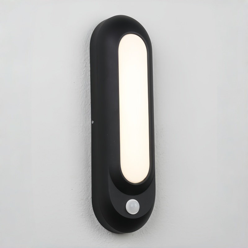 Applique murale extérieure ovale allongée moderne avec détecteur de mouvement, corps noir en forme de capsule avec panneau lumineux encastré, noir, blanc et gris, HTD-EW4212 2