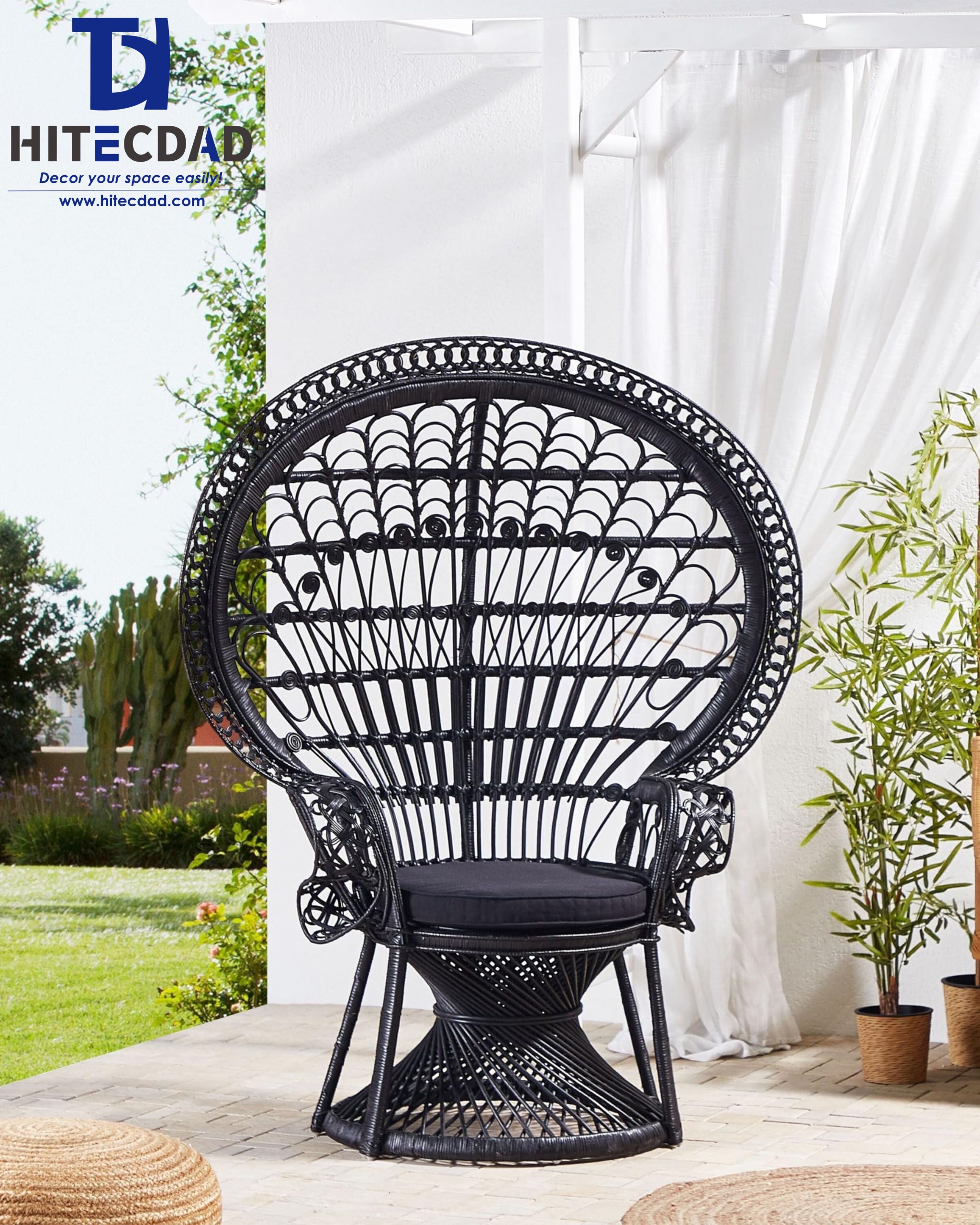 Silla de ratán tejida a mano con diseño de pavo real y elaborados calados HTD-OF1050 2
