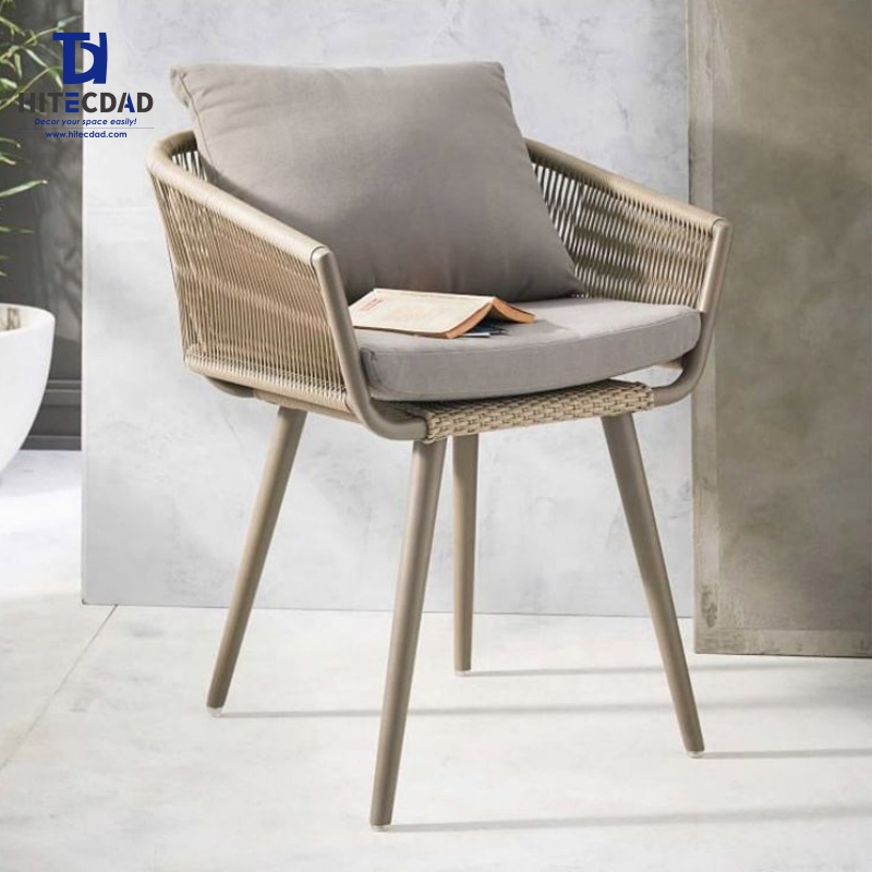Chaise de jardin beige à structure métallique, accoudoirs tressés et coussins gris HTD-OF1045 4