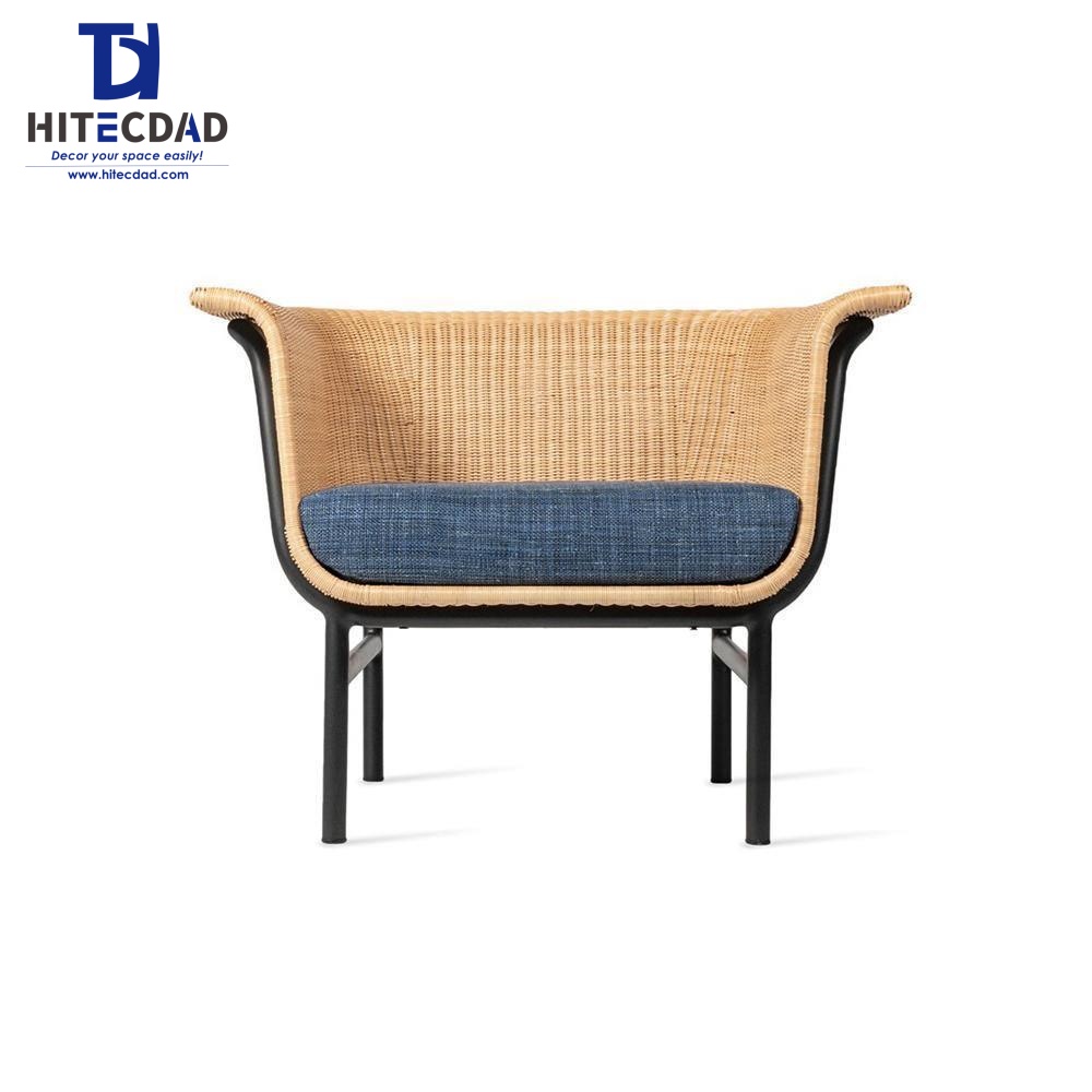 Sillón moderno de exterior de ratán natural tejido con respaldo curvo de ratán y patas de metal negro HTD-OF1059A 2