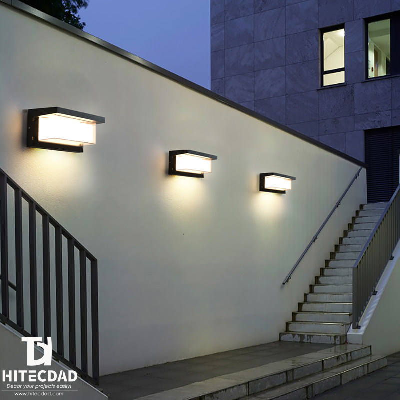 Aplique de pared exterior moderno en forma de L, marco negro con panel de luz prolongada, luz cálida de 12 W y 3000 K, resistente al agua IP65, HTD-EW4438 5