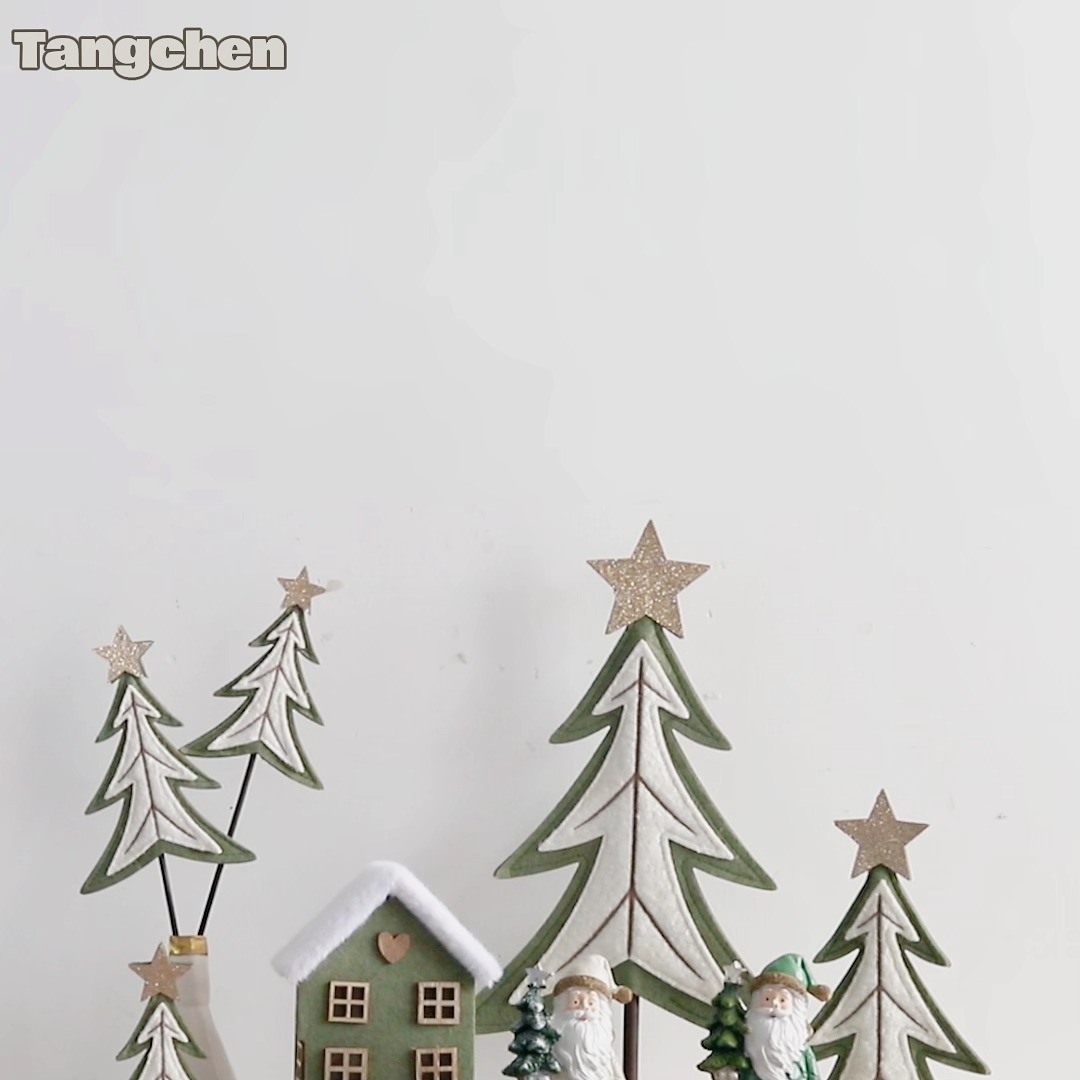 Neutral Sage Green Felt Christmas Tree Mini Wooden House Resin Santa Figurines Farmhouse Tabletop Decor 1