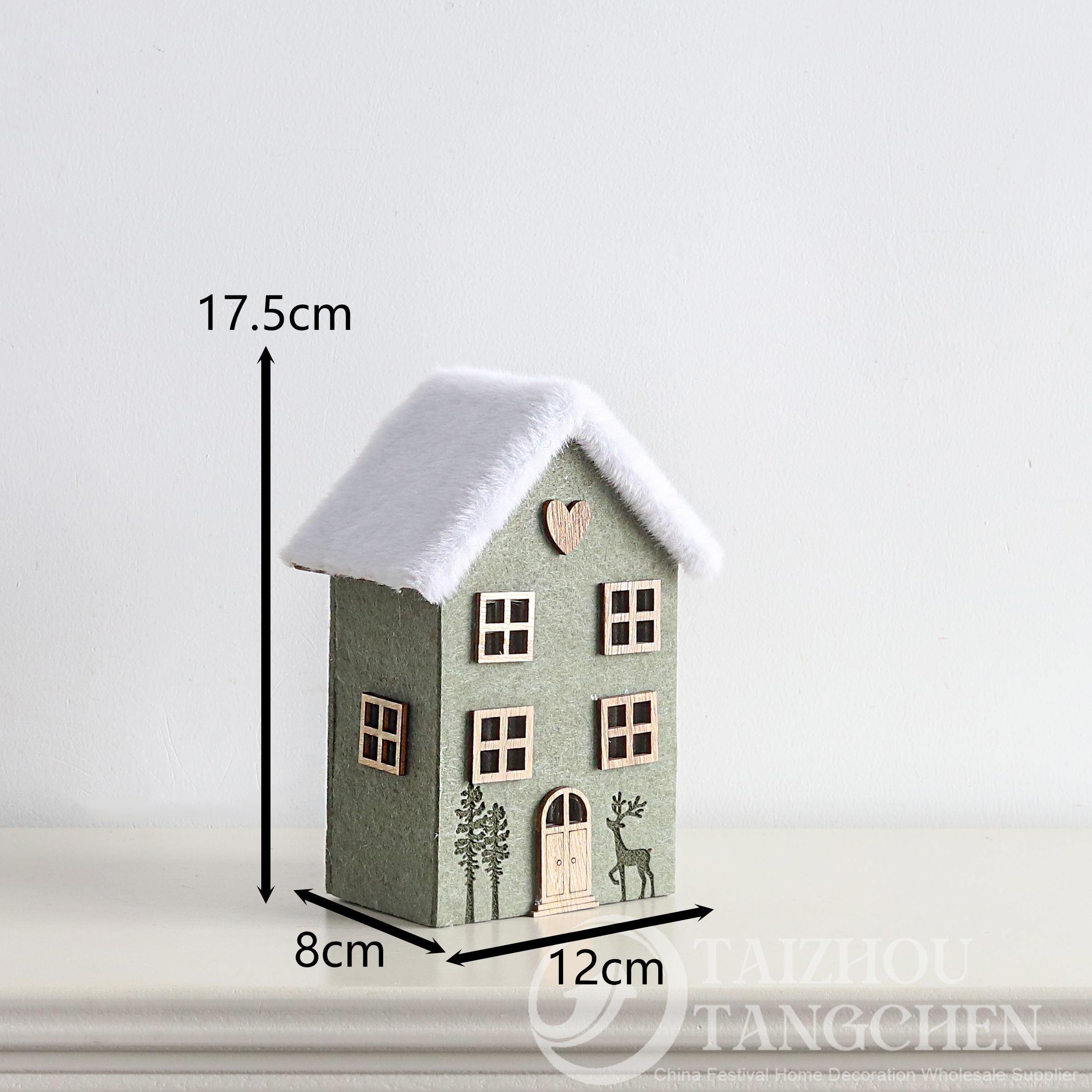 Neutral Sage Green Felt Christmas Tree Mini Wooden House Resin Santa Figurines Farmhouse Tabletop Decor 6