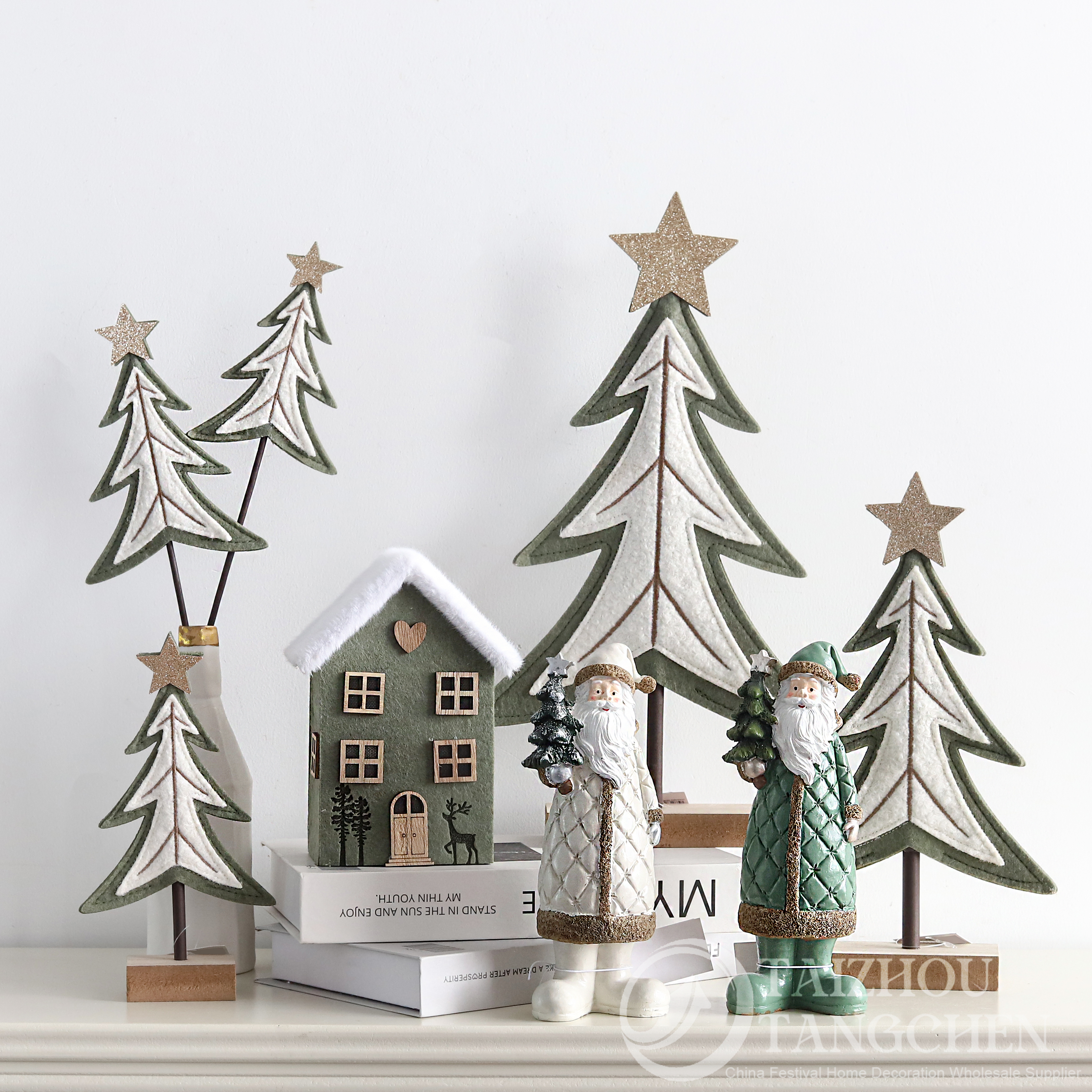 Neutral Sage Green Felt Christmas Tree Mini Wooden House Resin Santa Figurines Farmhouse Tabletop Decor 2