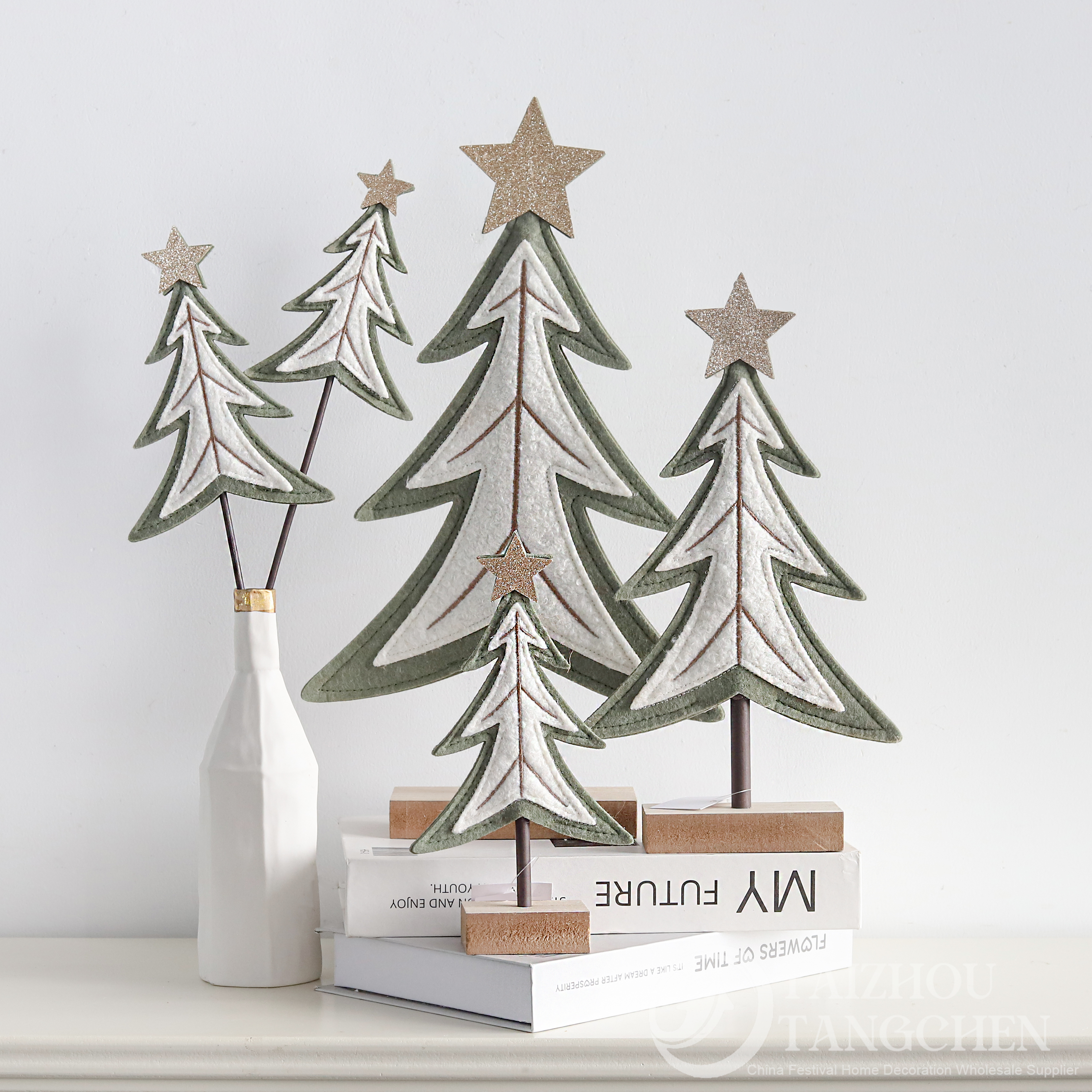 Neutral Sage Green Felt Christmas Tree Mini Wooden House Resin Santa Figurines Farmhouse Tabletop Decor 3