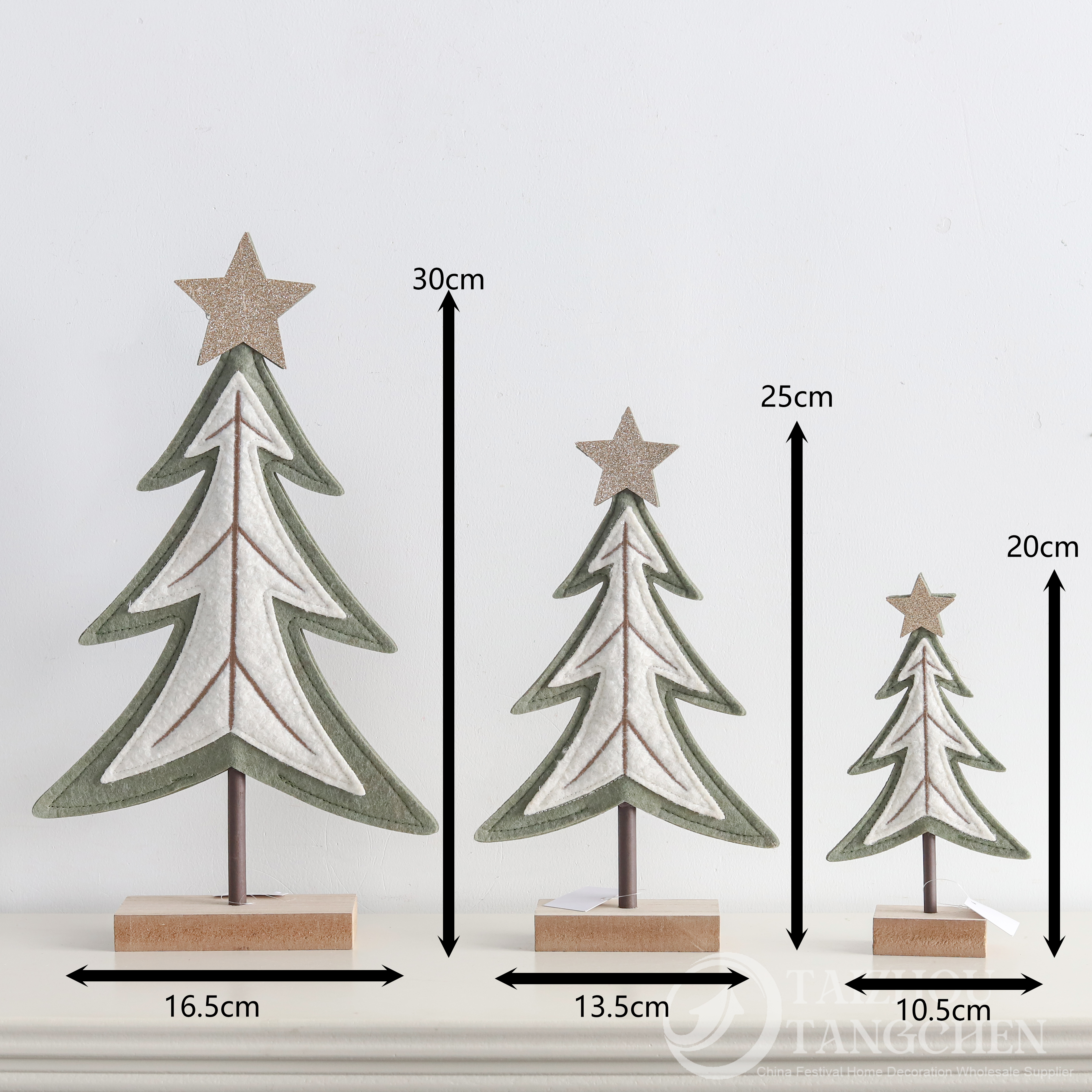 Neutral Sage Green Felt Christmas Tree Mini Wooden House Resin Santa Figurines Farmhouse Tabletop Decor 4