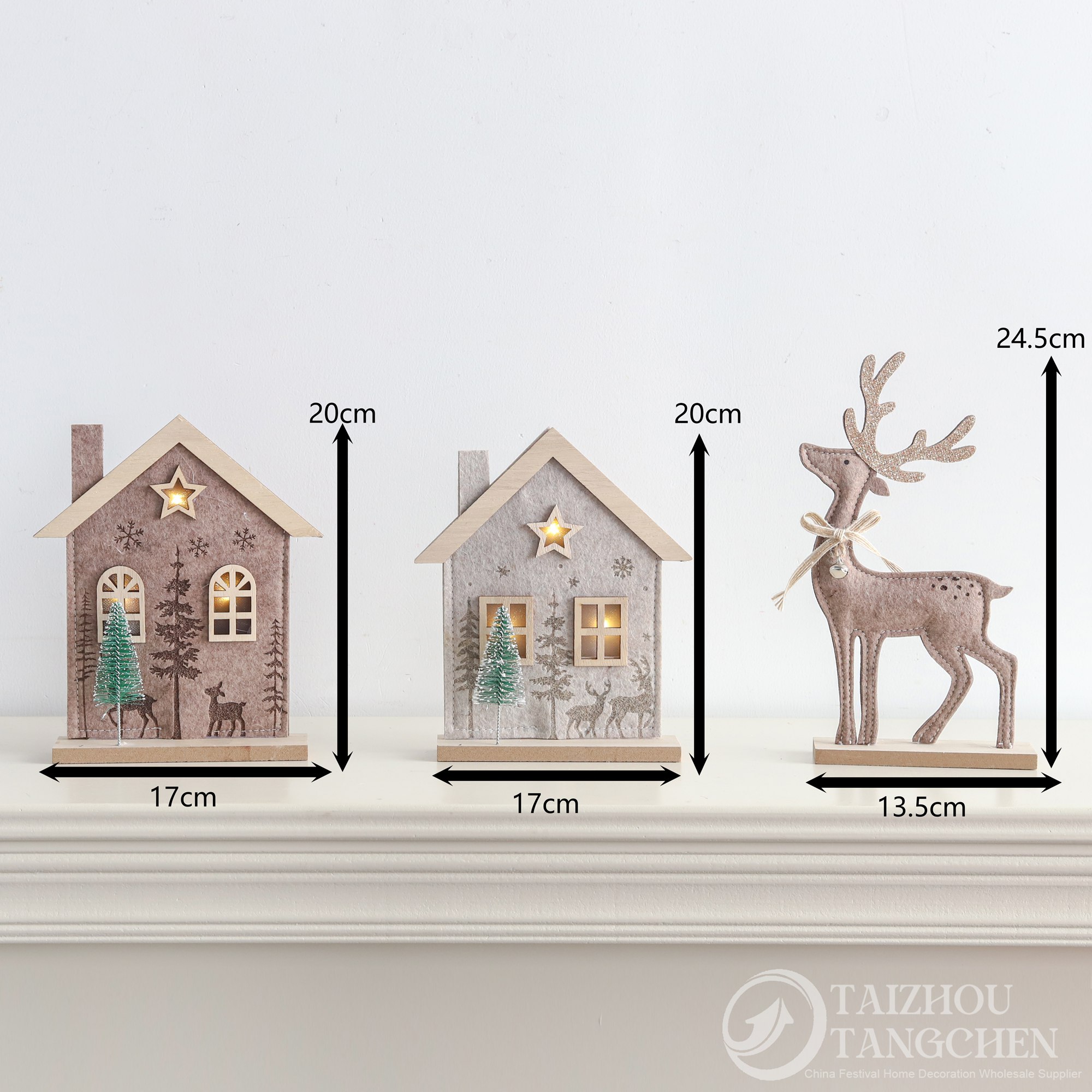 Juego de adornos de mesa de invierno de estilo nórdico cottagecore, decoración rústica de fieltro para mini pueblo navideño. 7
