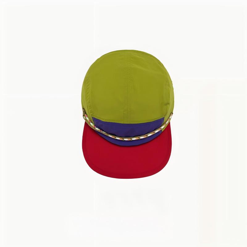  Top view of a color block camper cap showing the green crown, purple panel and red brim.