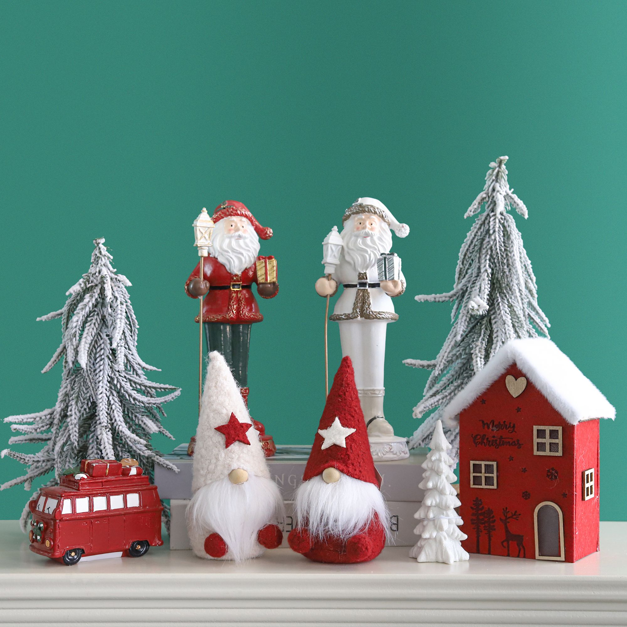 Red White Christmas Table Decor Set Resin Santa Figurines Plush Gnomes  Winter Holiday Desktop Shelf Decor Christmas Gift 2